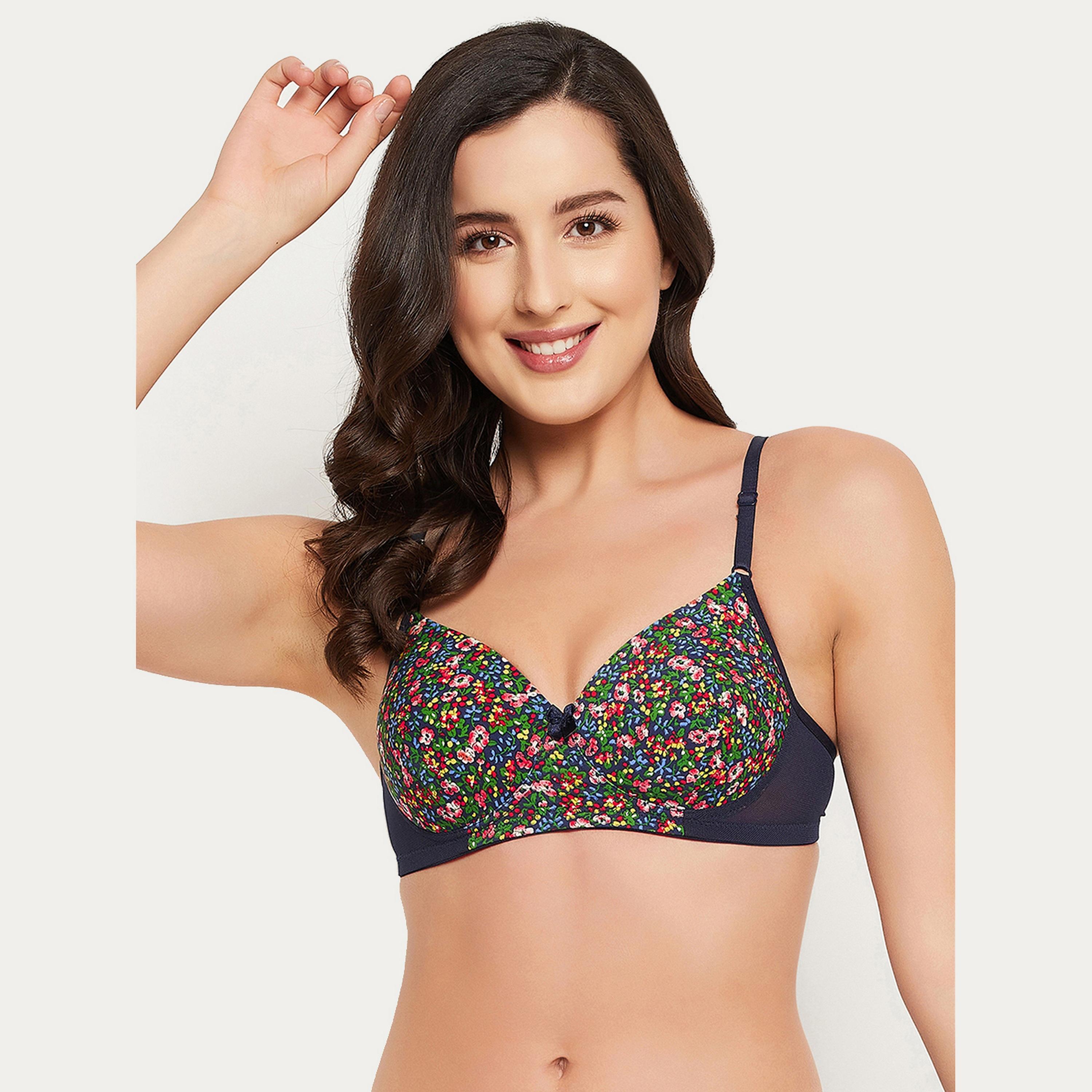 Clovia Padded Non-Wired Full Cup Floral Print Women's T-shirt Bra in Navy-women-clothing-lingerie-bras-image-1