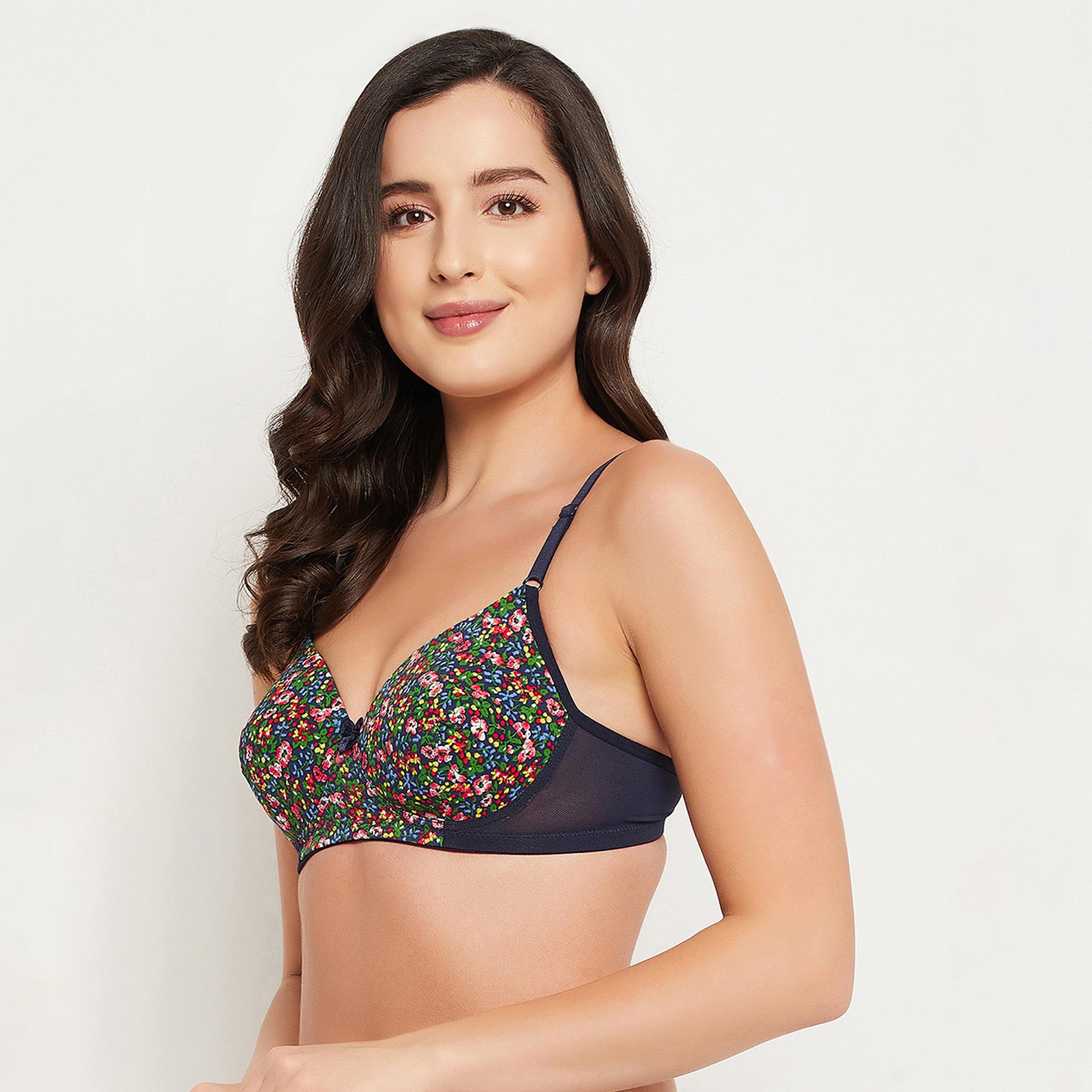 Clovia Padded Non-Wired Full Cup Floral Print Women's T-shirt Bra in Navy-women-clothing-lingerie-bras-image-2