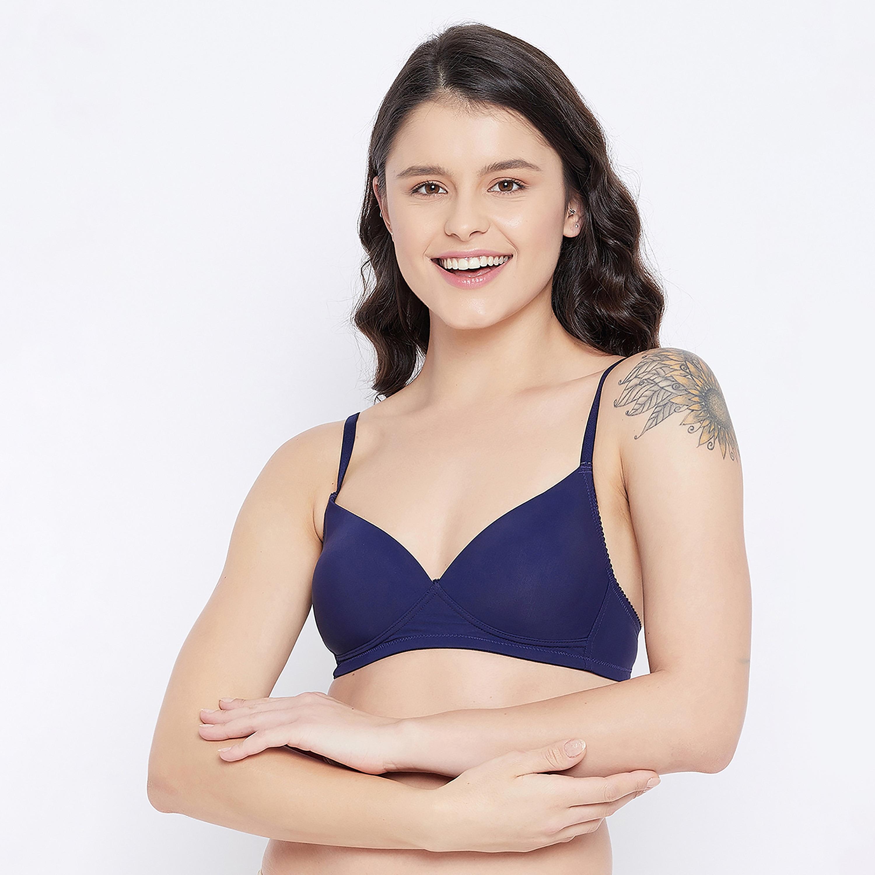 Clovia Padded Non-Wired Demi Cup Women's T-Shirt Bra in Navy with Plunging Neckline-women-clothing-lingerie-bras-image-1