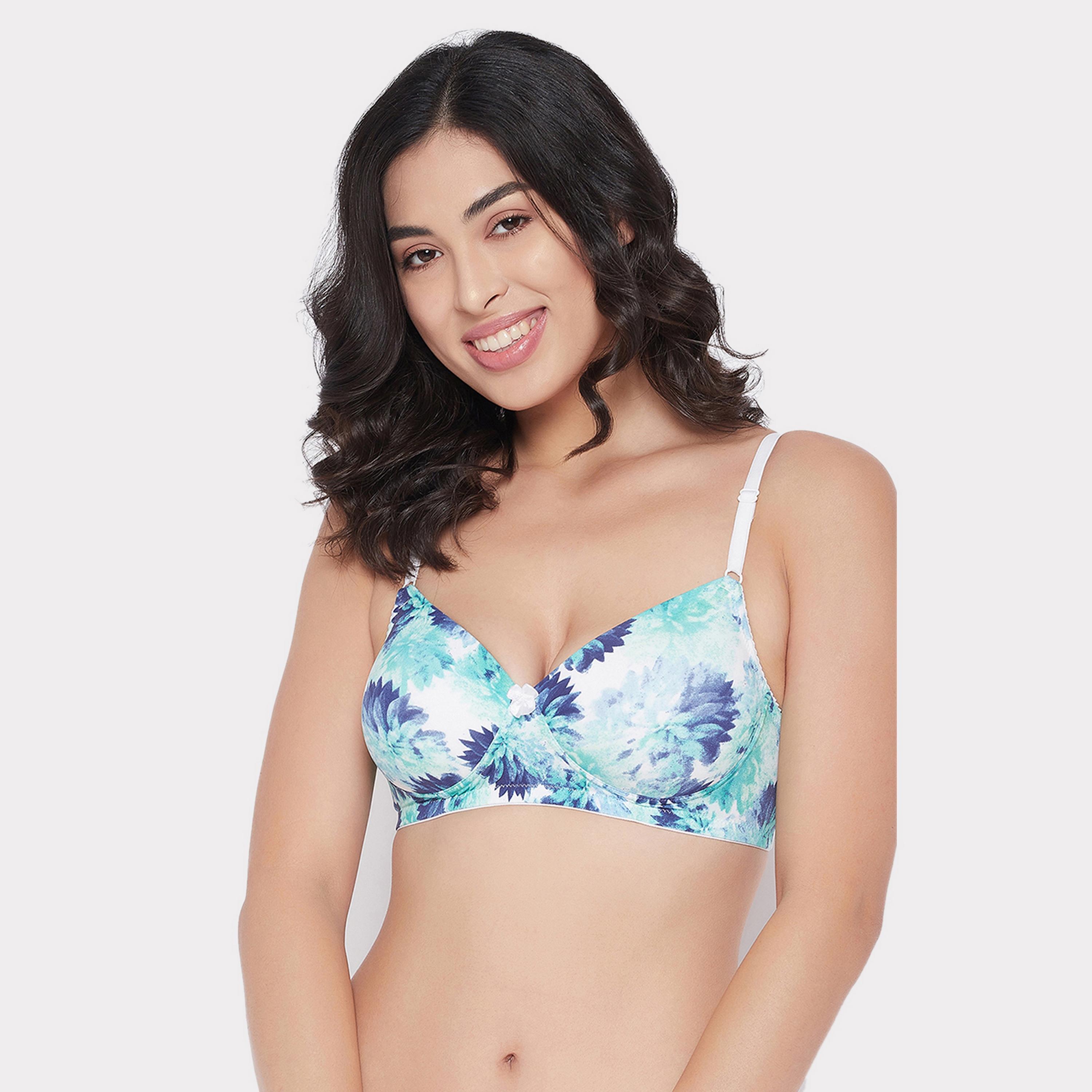 Clovia Padded Non-Wired Full Cup Floral Print Women's T-Shirt Bra in Blue-women-clothing-lingerie-bras-image-1