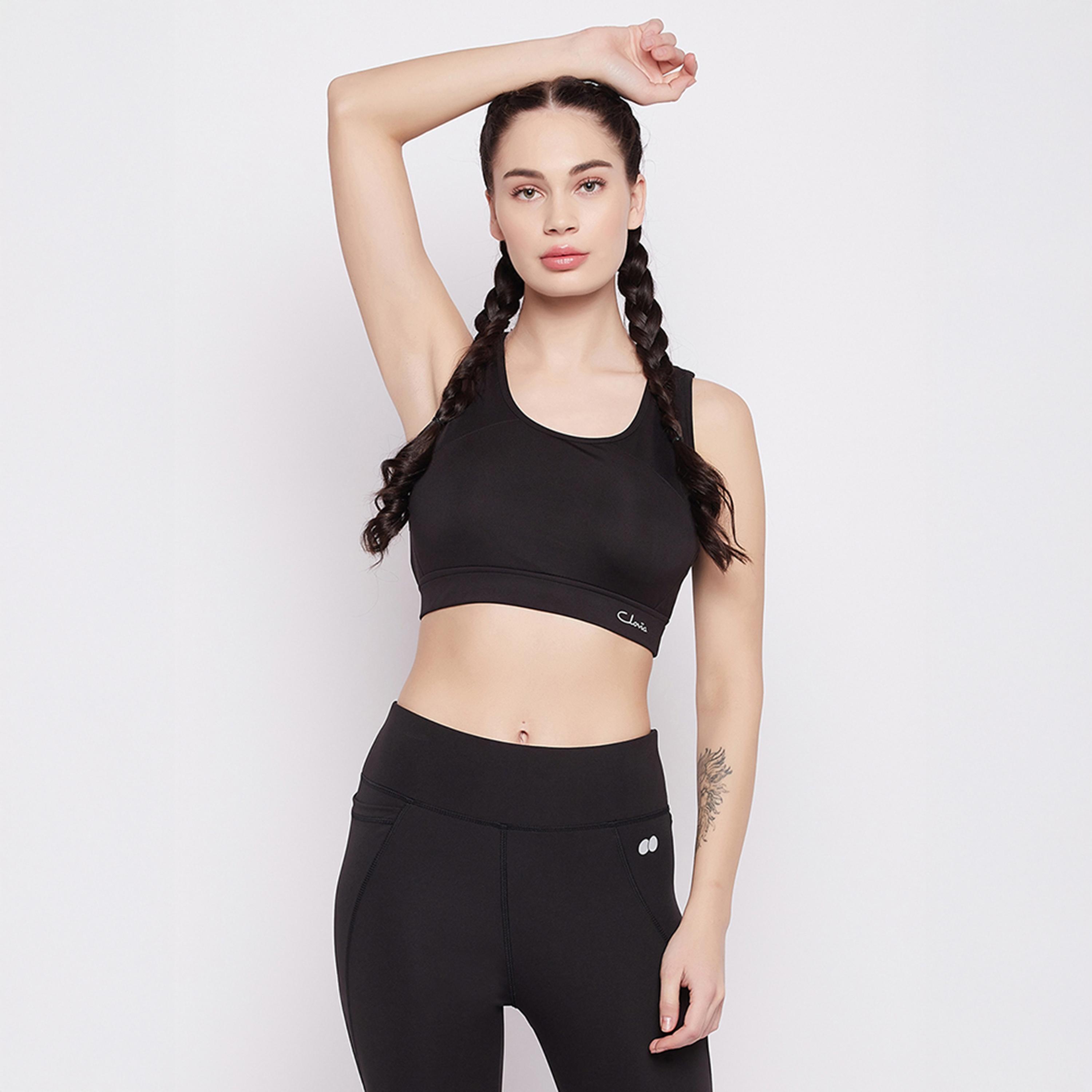 حمالة صدر رياضية مبطنة بضغط متوسط، ريسر باك - أسود من كلوفيا-women-clothing-lingerie-bras-image-1