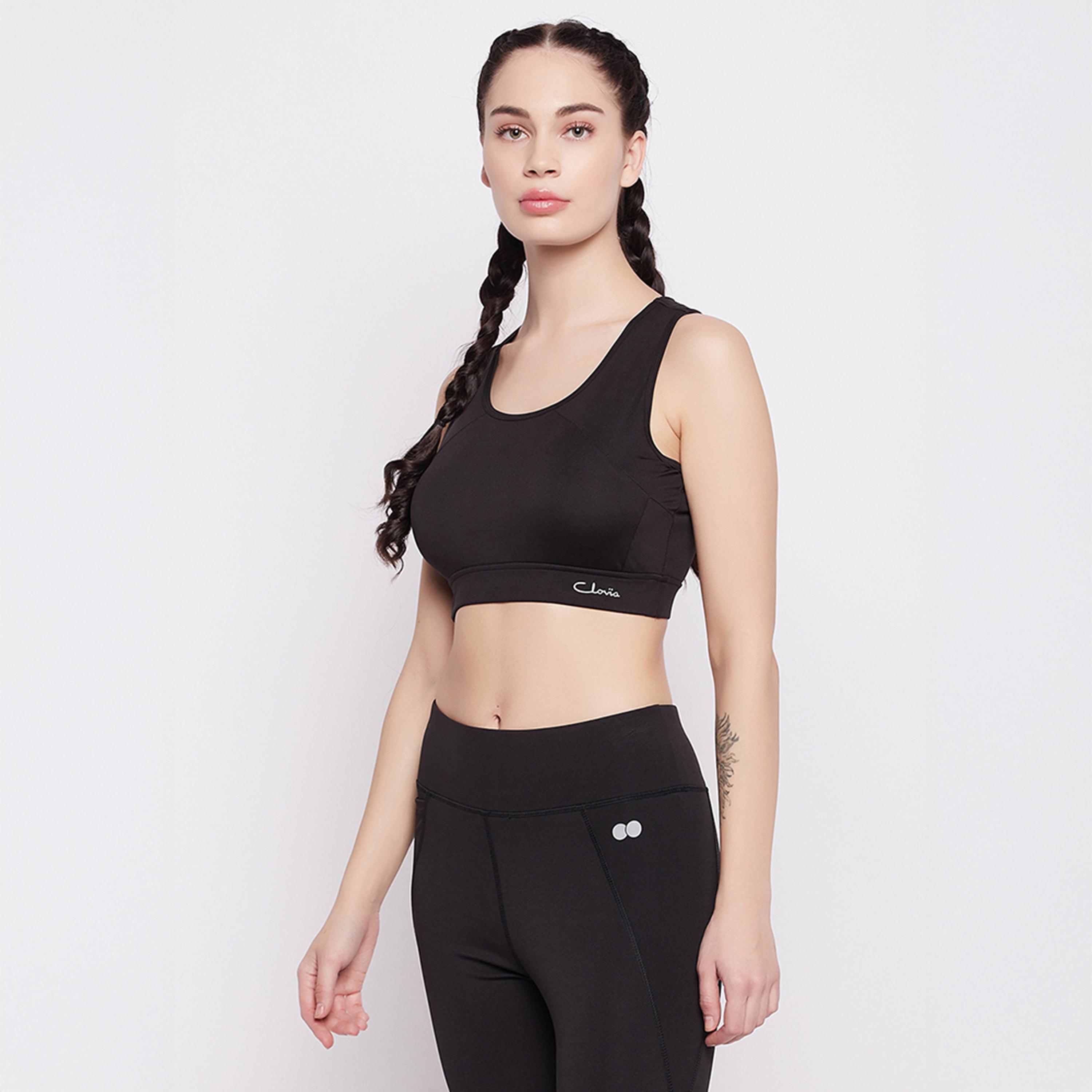 حمالة صدر رياضية مبطنة بضغط متوسط، ريسر باك - أسود من كلوفيا-women-clothing-lingerie-bras-image-3