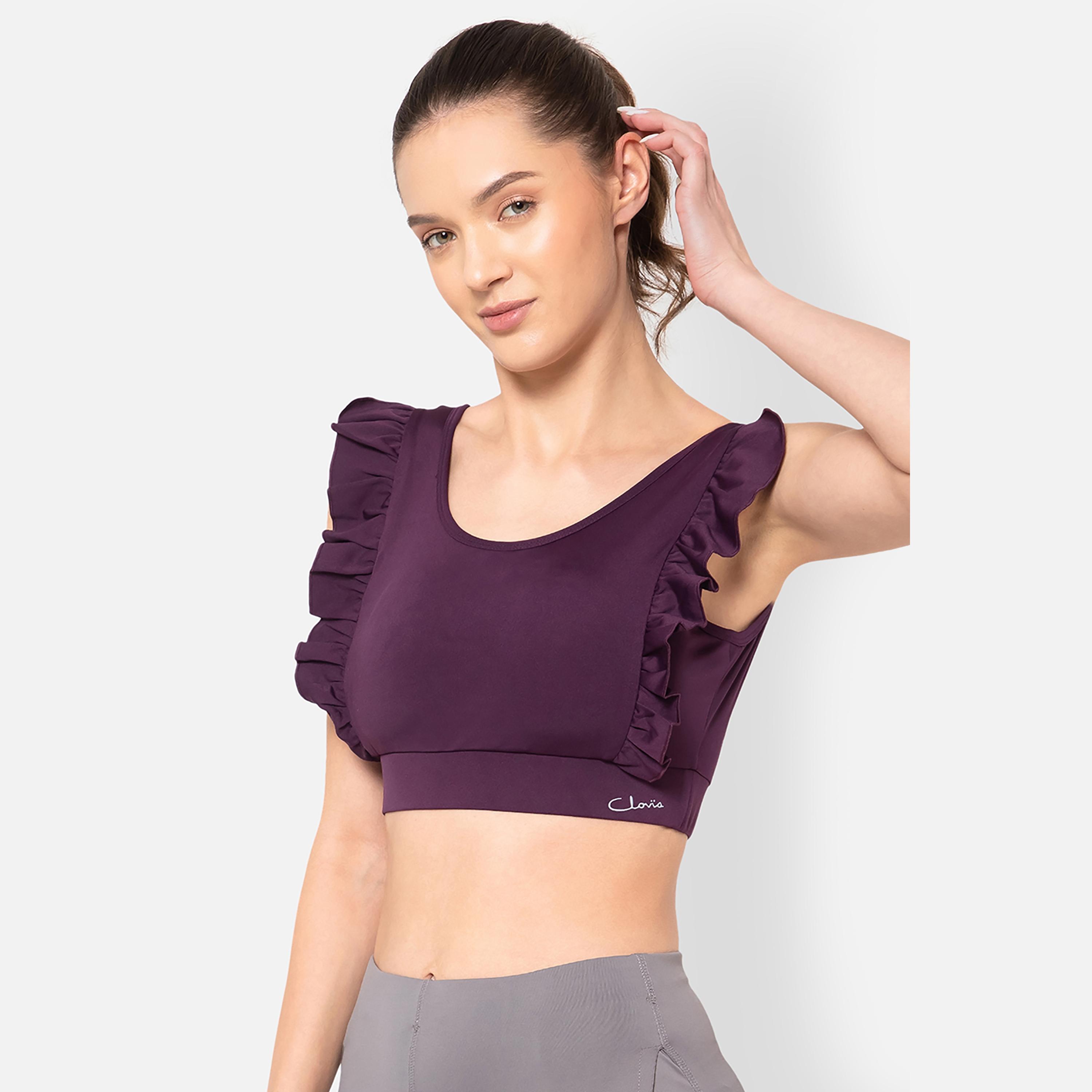 Buy Women s Clovia Medium Impact Ruffled Padded Active Women s Sports Bra in Plum Colour Online Centrepoint KSA