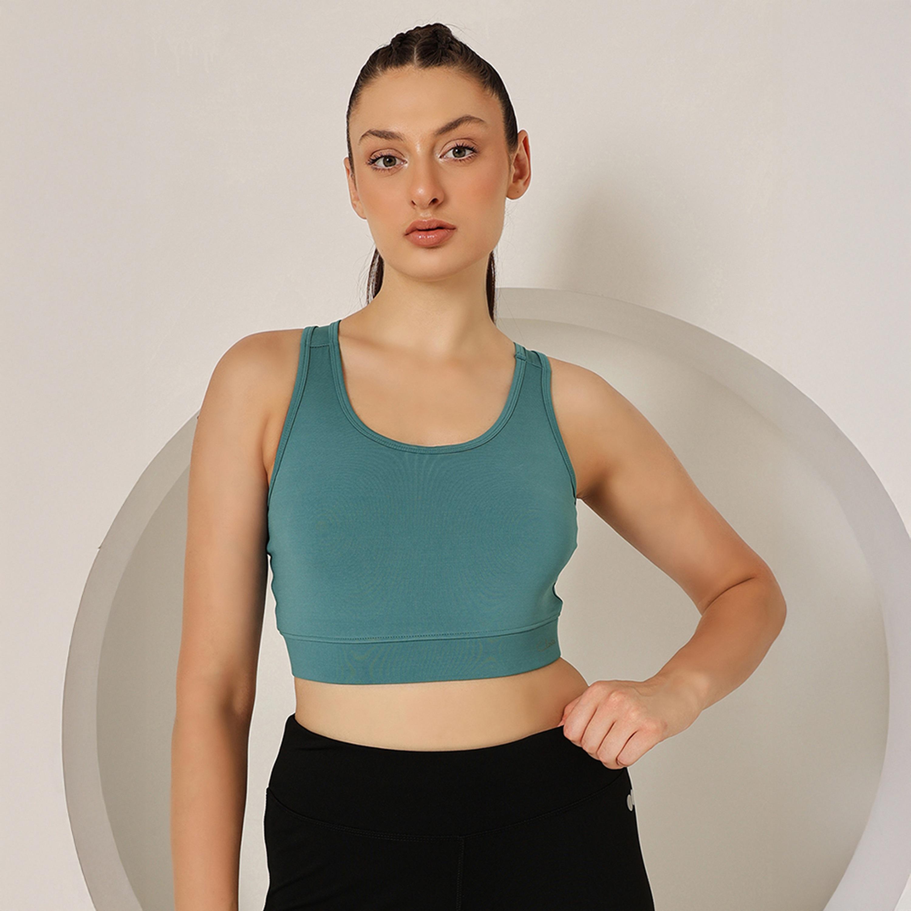 حمالة صدر رياضية مبطنة بضغط متوسط مع ريسر باك - أزرق حجري من كلوفيا-women-clothing-lingerie-bras-image-1