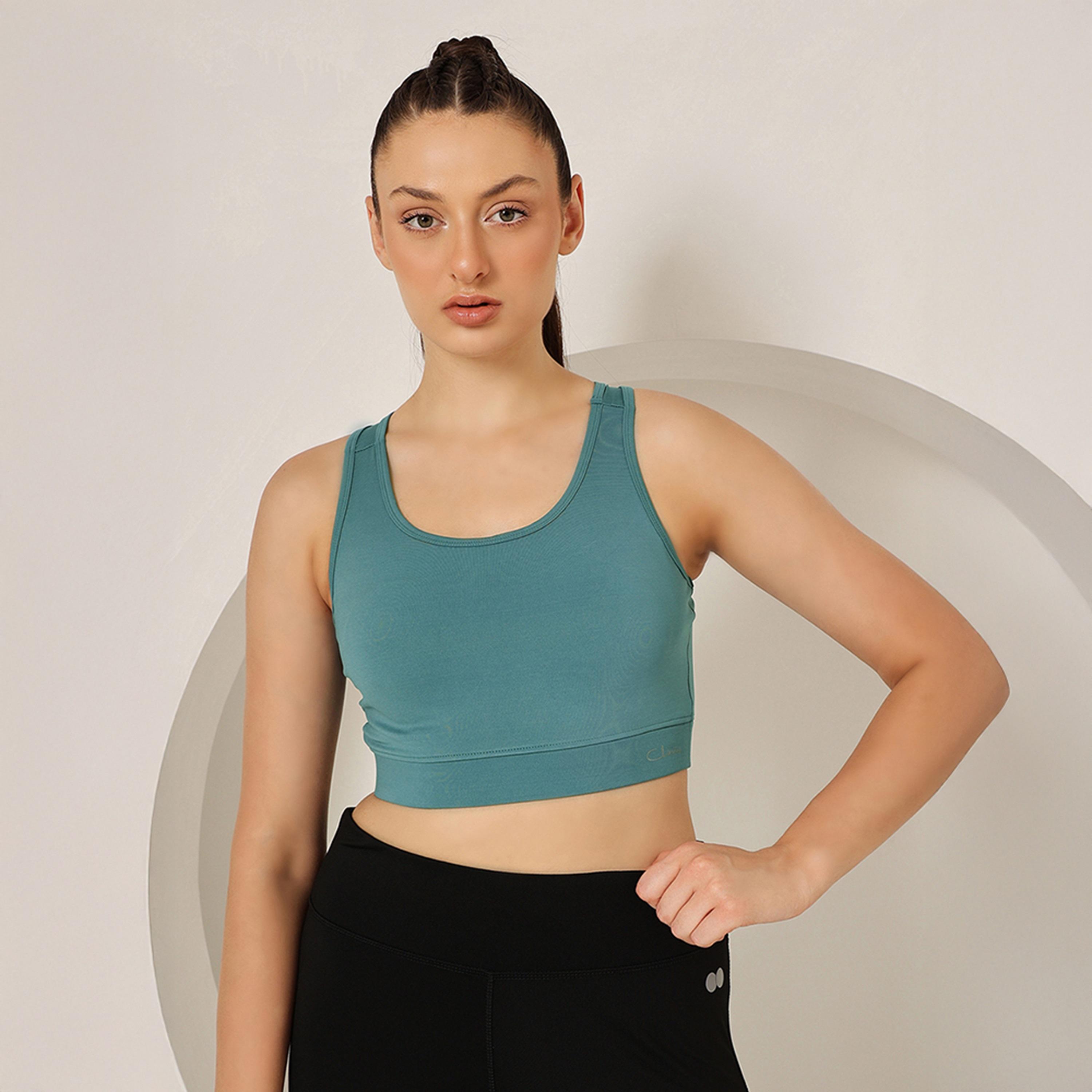 حمالة صدر رياضية مبطنة بضغط متوسط مع ريسر باك - أزرق حجري من كلوفيا-women-clothing-lingerie-bras-image-3