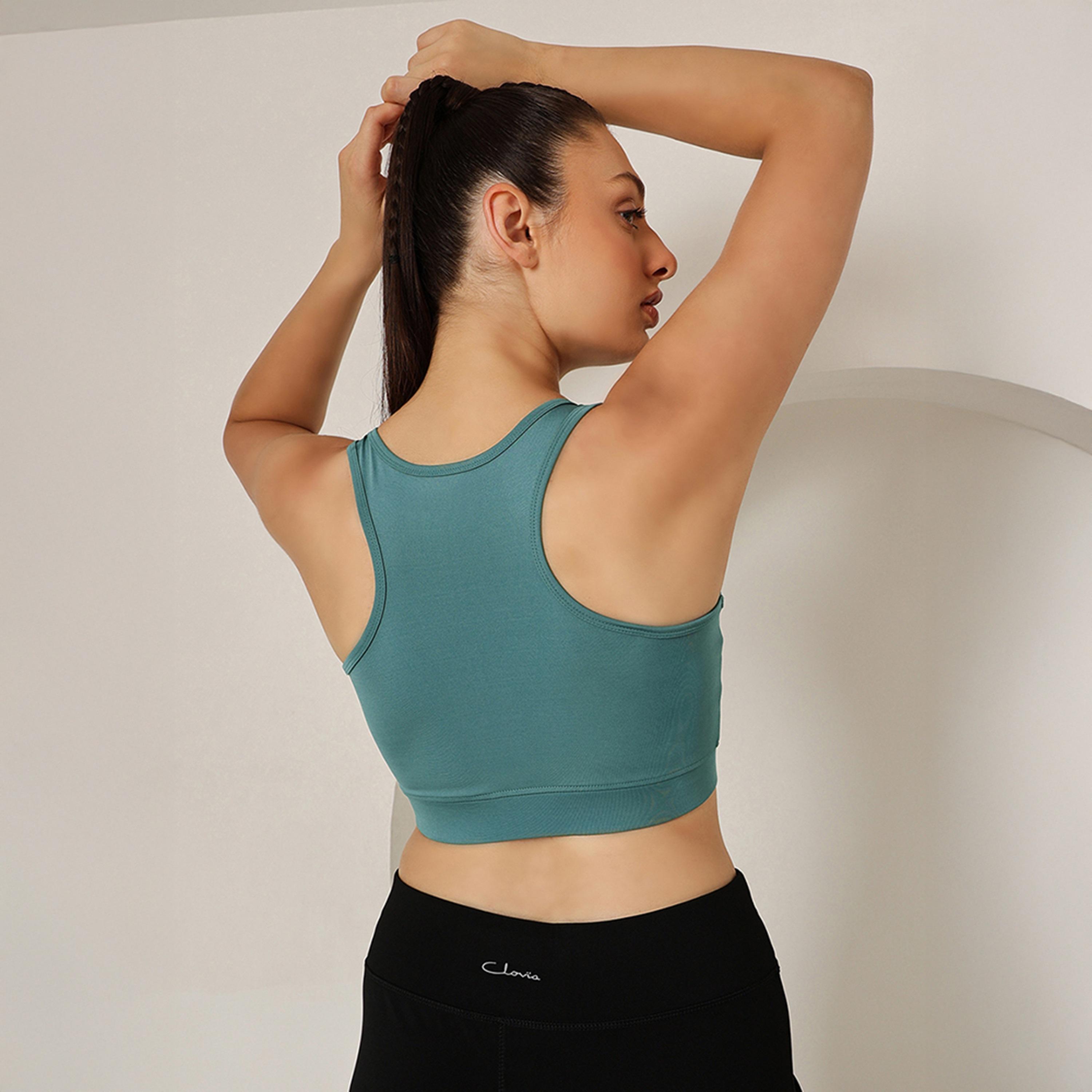 حمالة صدر رياضية مبطنة بضغط متوسط مع ريسر باك - أزرق حجري من كلوفيا-women-clothing-lingerie-bras-image-4