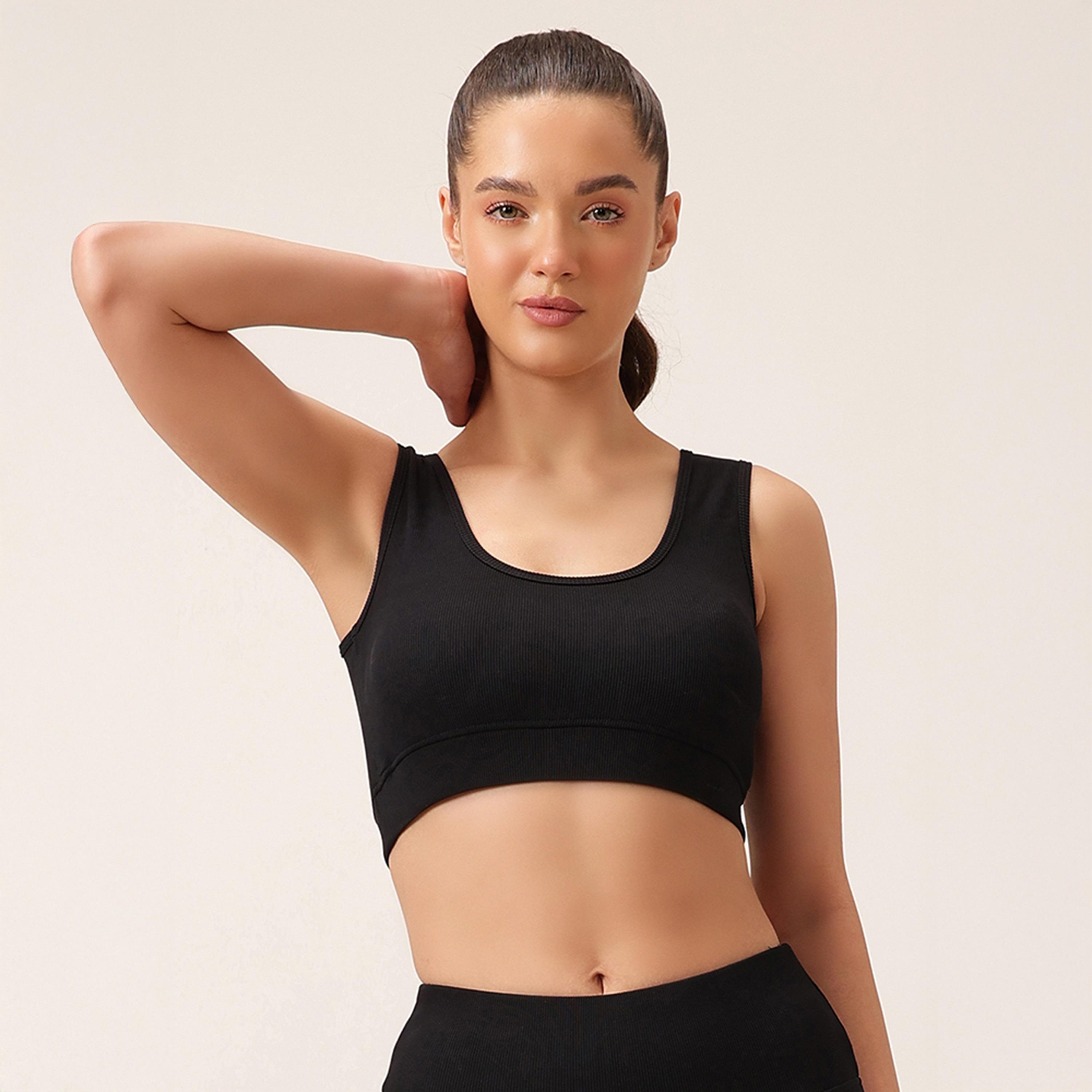 حمالة صدر رياضية مضلعة بضغط متوسط، بأكواب قابلة للإزالة - أسود من كلوفيا-women-clothing-lingerie-bras-image-1