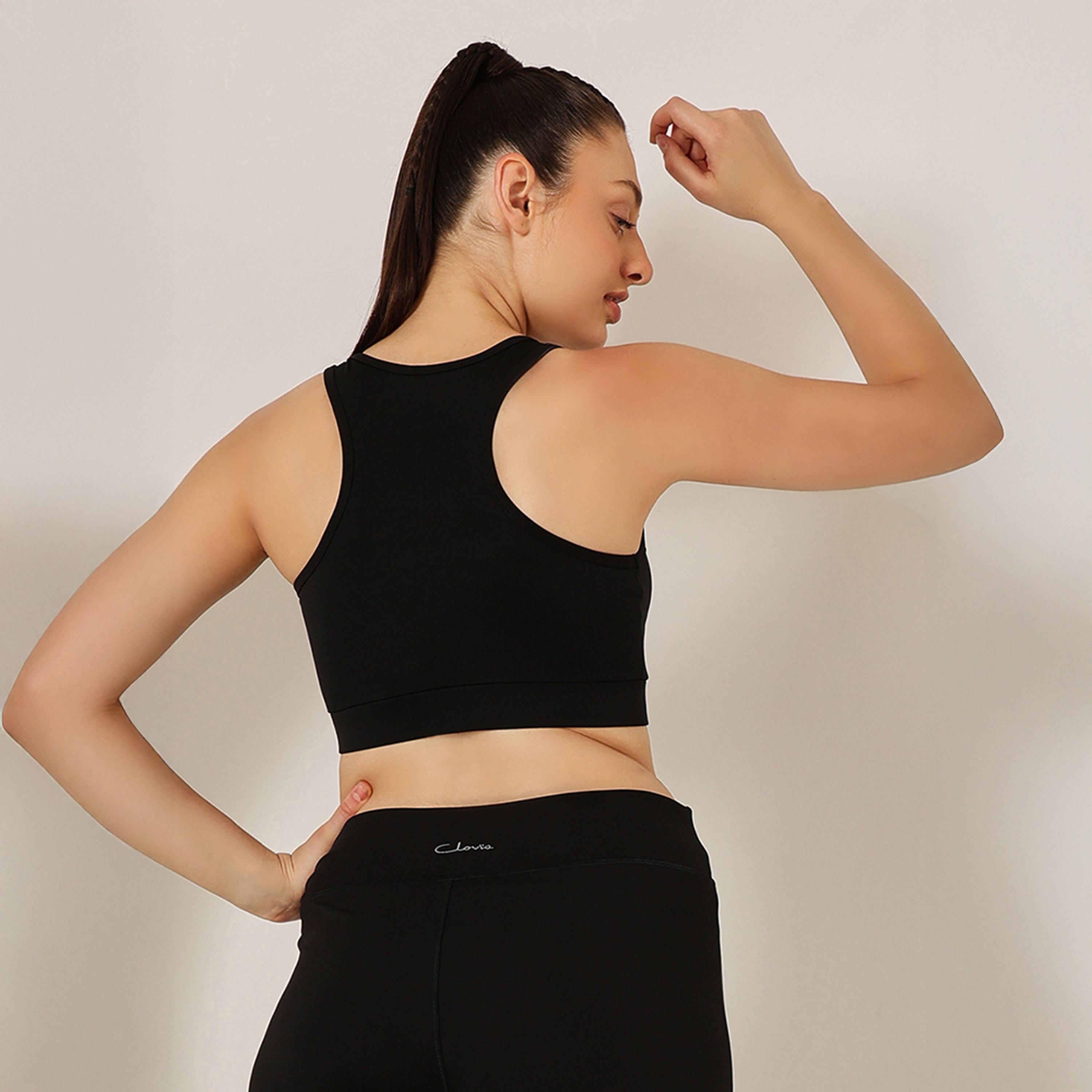 حمالة صدر رياضية مبطنة بضغط متوسط، ريسر باك - أسود من كلوفيا-women-clothing-lingerie-bras-image-3