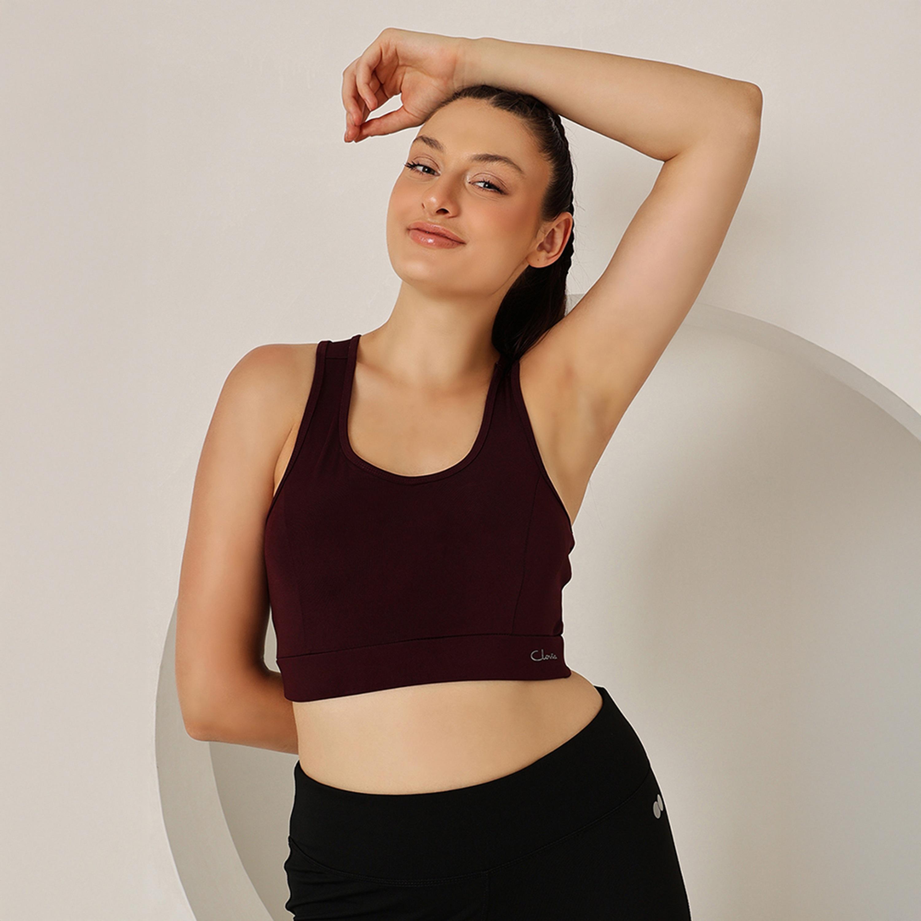 حمالة صدر رياضية مبطنة بضغط متوسط، ريسر باك - نبيذي من كلوفيا-women-clothing-lingerie-bras-image-1