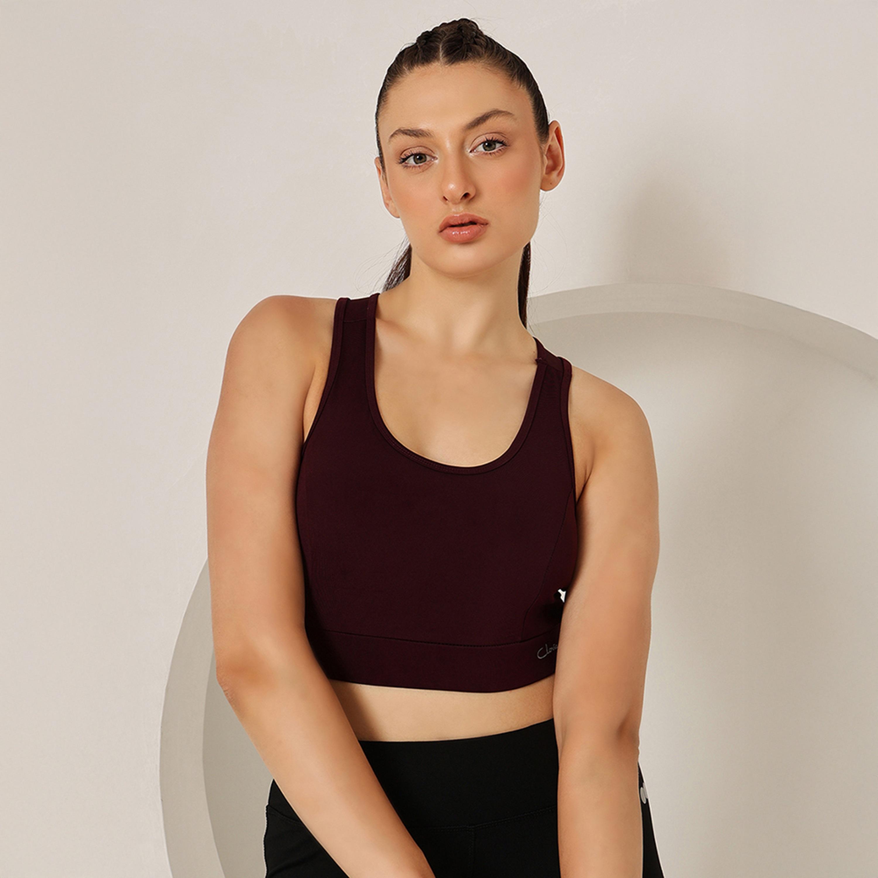 حمالة صدر رياضية مبطنة بضغط متوسط، ريسر باك - نبيذي من كلوفيا-women-clothing-lingerie-bras-image-2