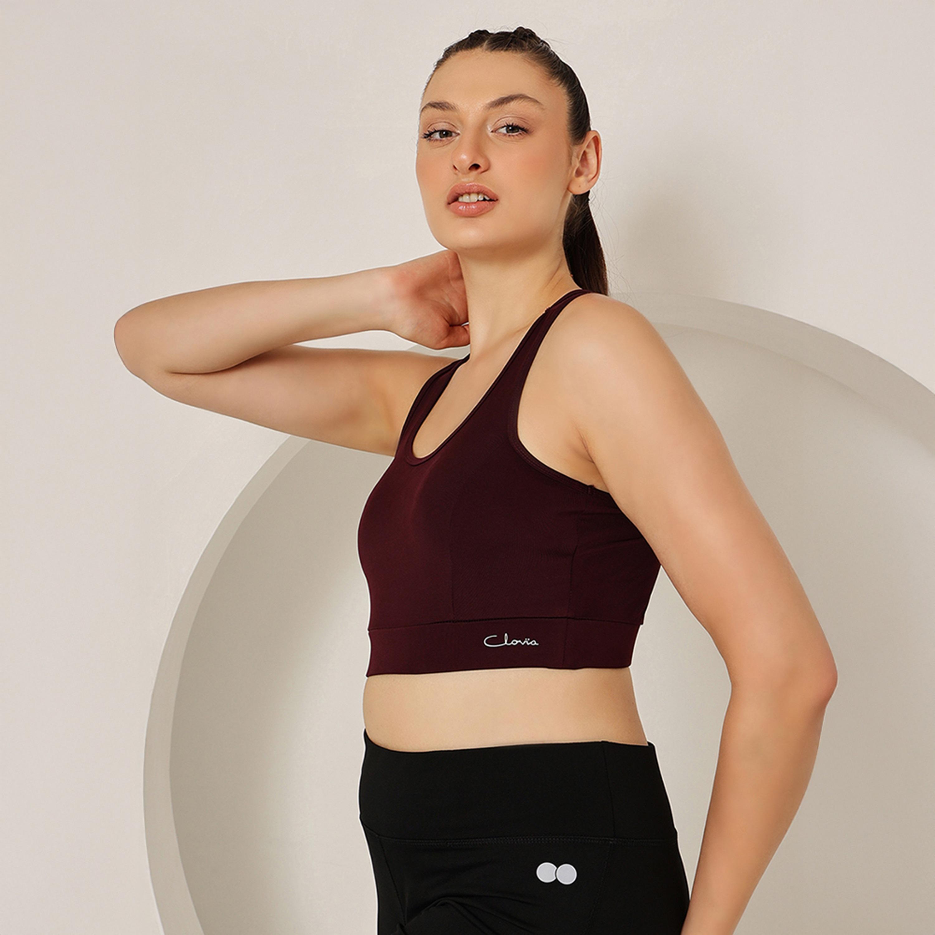 حمالة صدر رياضية مبطنة بضغط متوسط، ريسر باك - نبيذي من كلوفيا-women-clothing-lingerie-bras-image-3