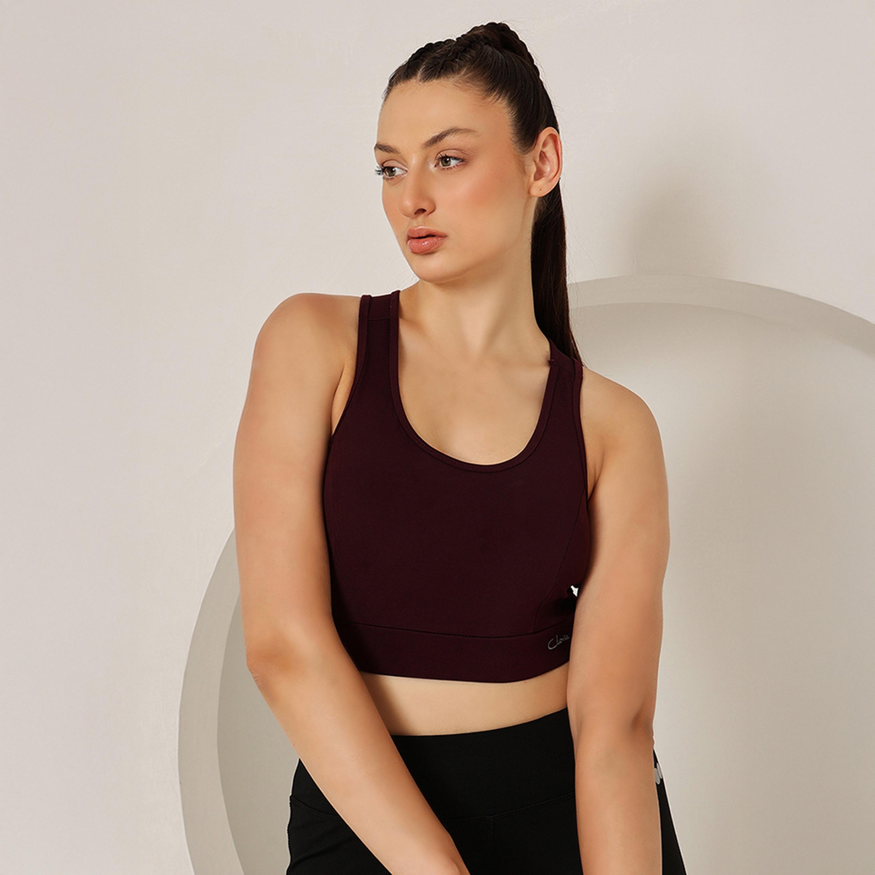حمالة صدر رياضية مبطنة بضغط متوسط، ريسر باك - نبيذي من كلوفيا-women-clothing-lingerie-bras-image-4