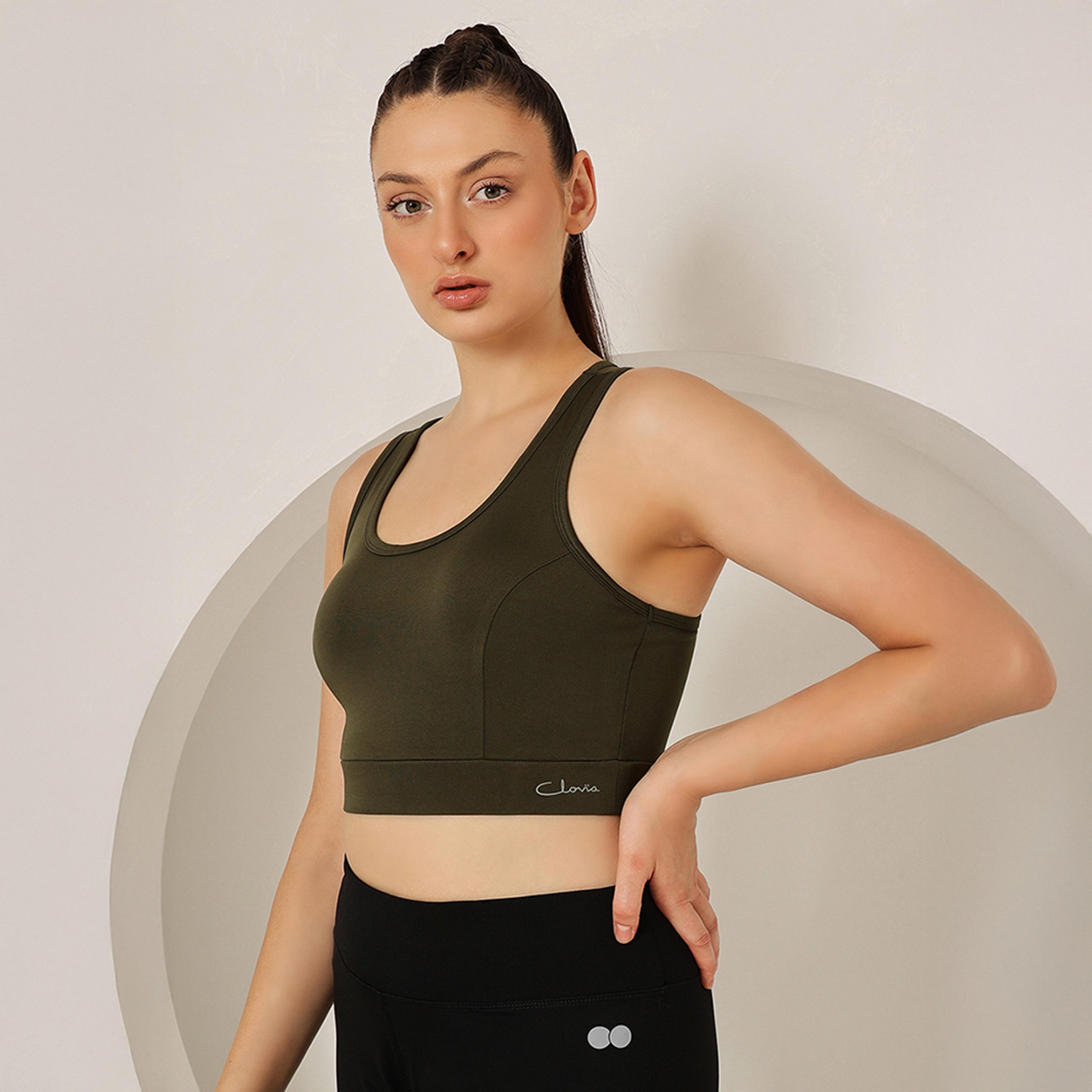 Clovia Medium Impact Padded Racerback Women's Sports Bra in Olive Green-women-clothing-lingerie-bras-image-2