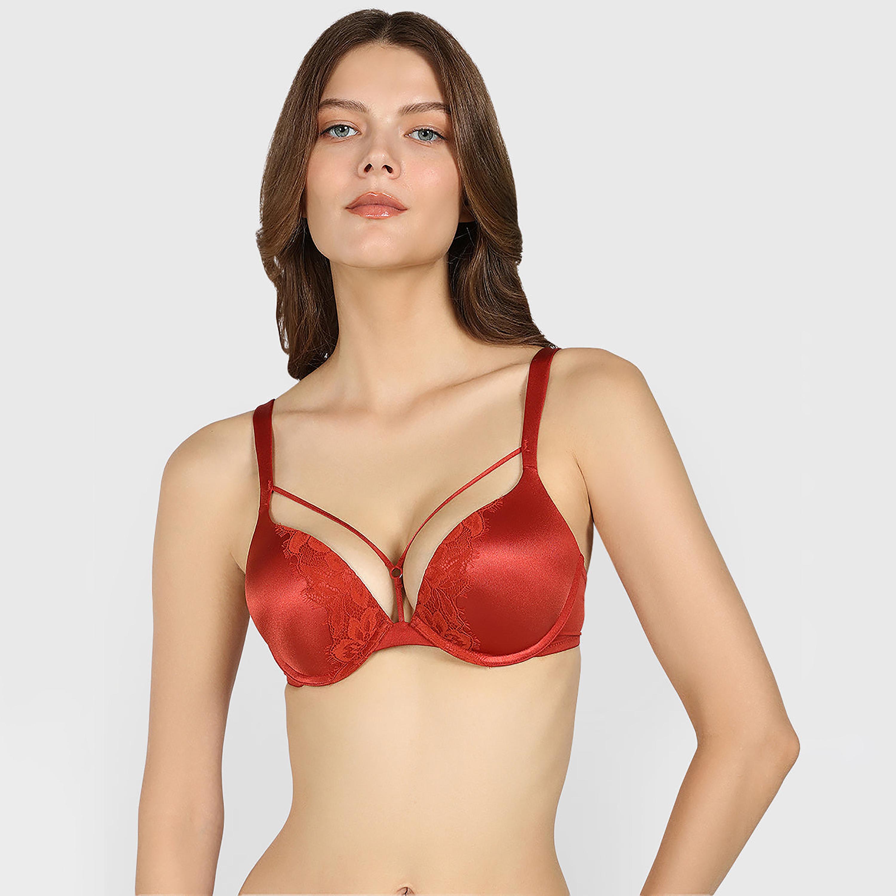 Isla & Evie Obvious Red Lace Wired High Support Padded Women's Plunge Bra-women-clothing-lingerie-bras-image-1