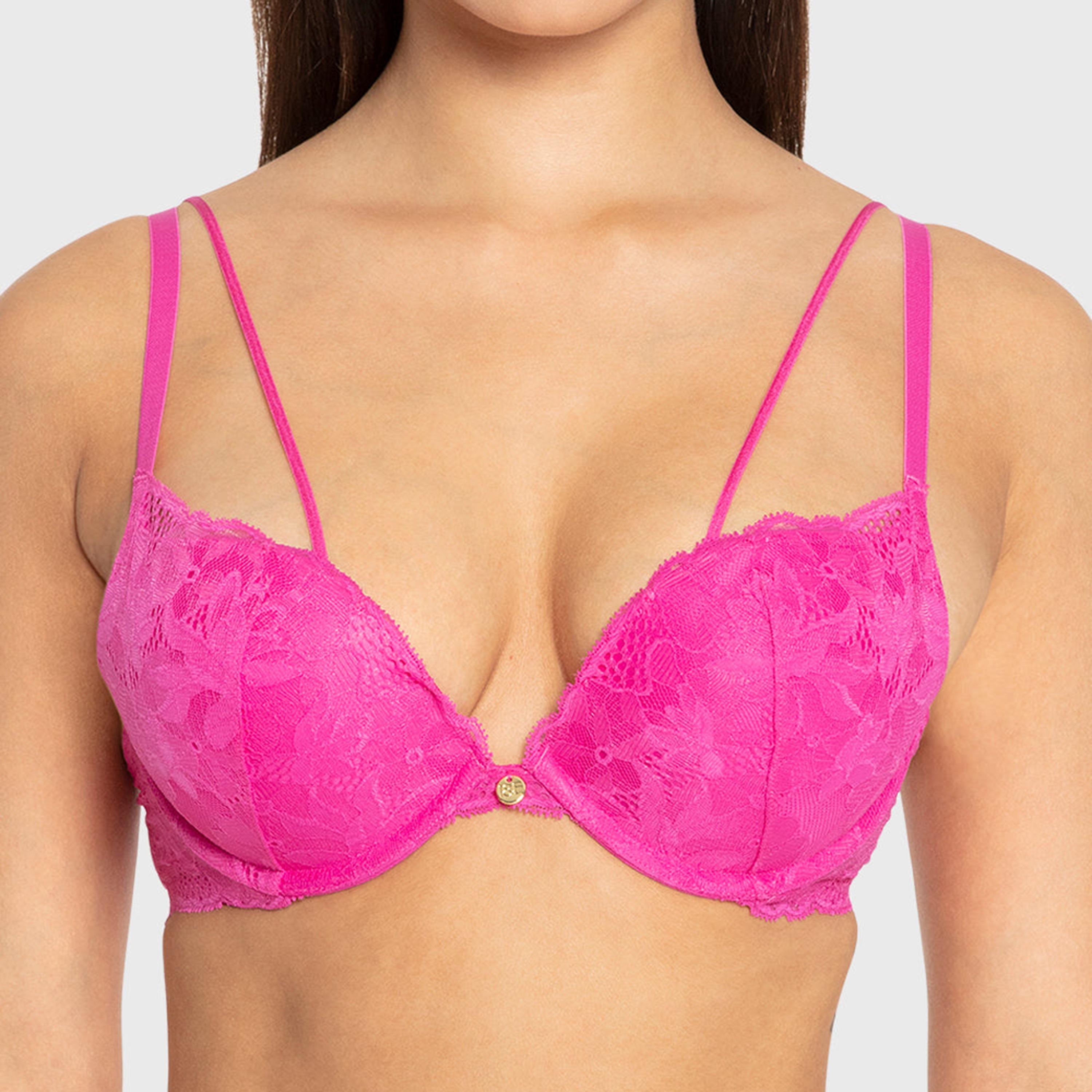 Isla & Evie  Rose Pink Floral Lace Wired High Support Gel Padded Women's Plunge Bra-women-clothing-lingerie-bras-image-4