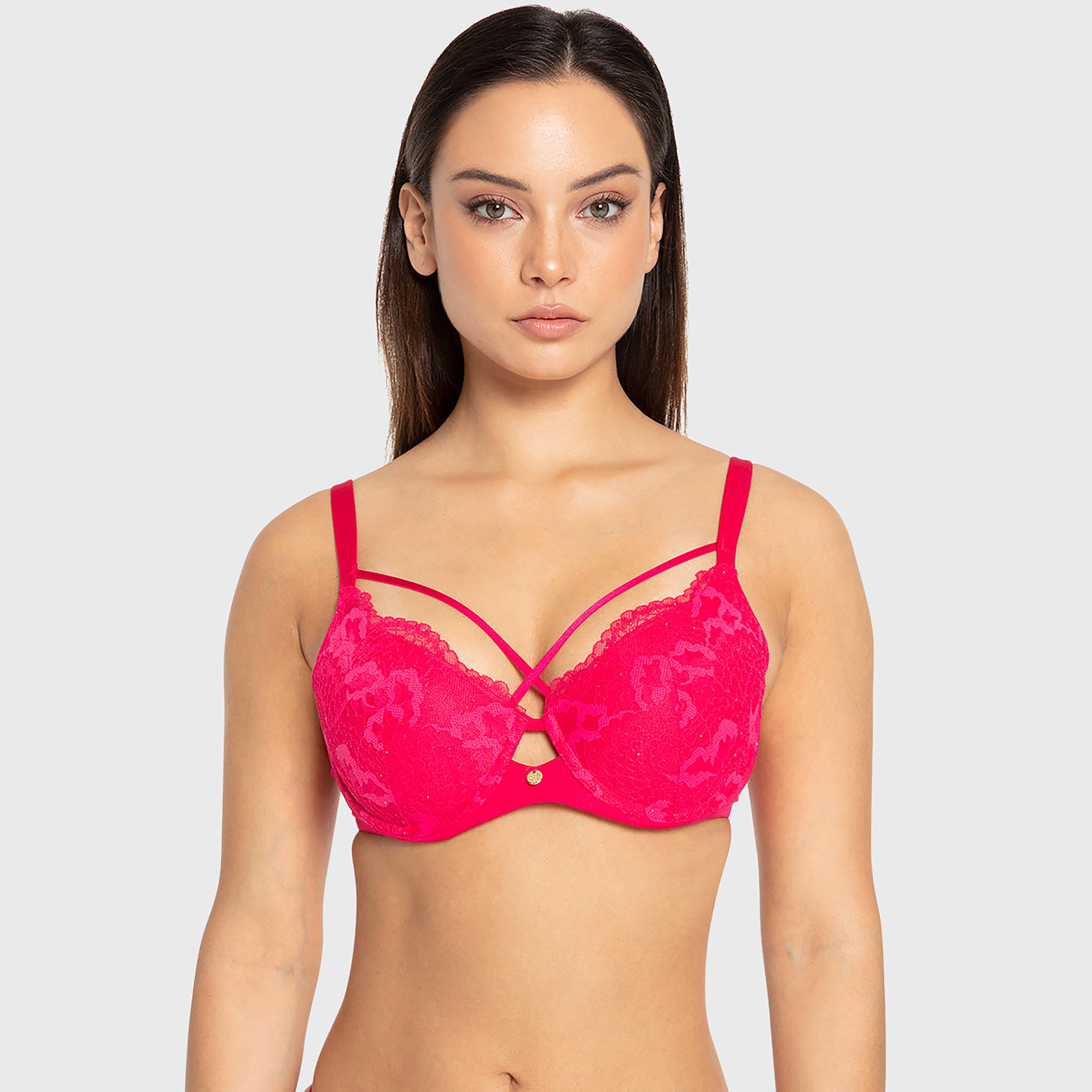 Isla & Evie Bright Rose Pink Lace Wired Medium Support Light Lined Women's Plunge Bra-women-clothing-lingerie-bras-image-1