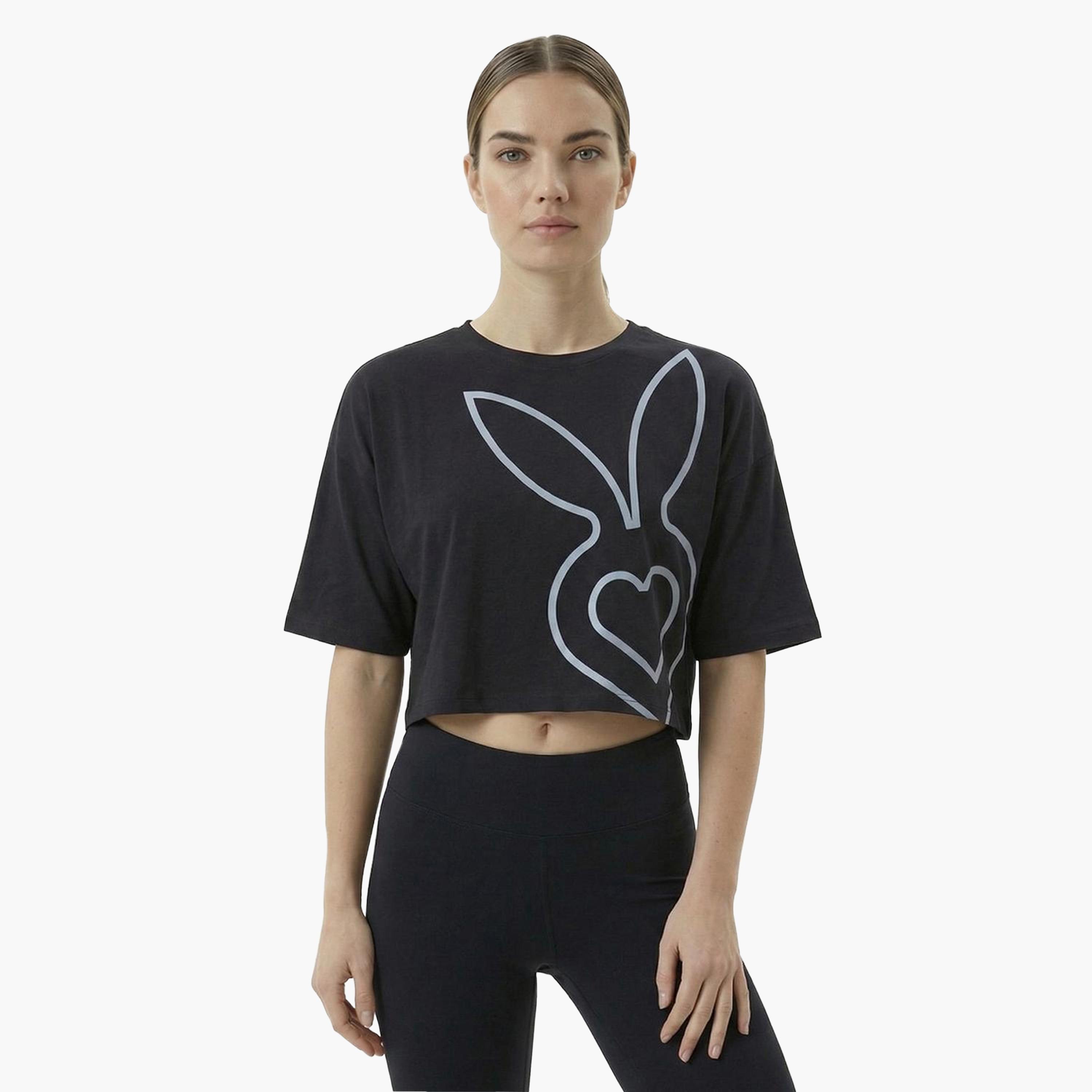 Cardio Bunny Graphic Print Crew Neck Drop Sleeves Women's Crop T-Shirt-women-clothing-tshirts-image-1