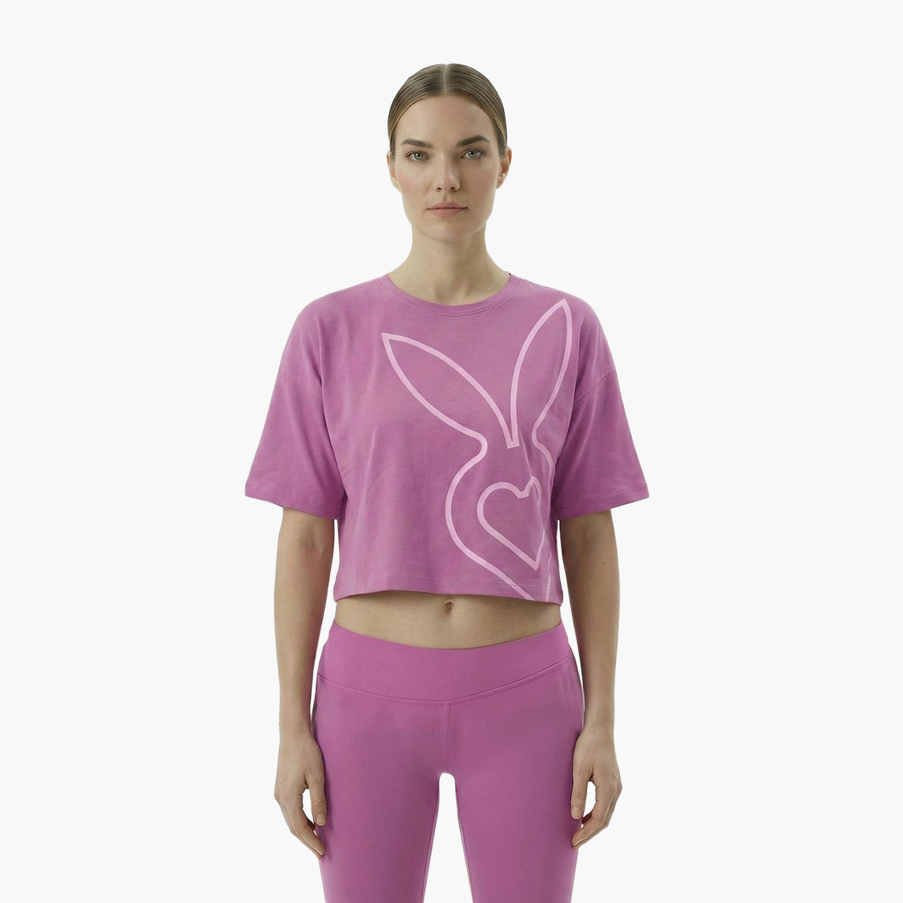 Cardio Bunny Graphic Print Crew Neck Drop Sleeves Women's Crop T-Shirt-women-clothing-tshirts-image-1