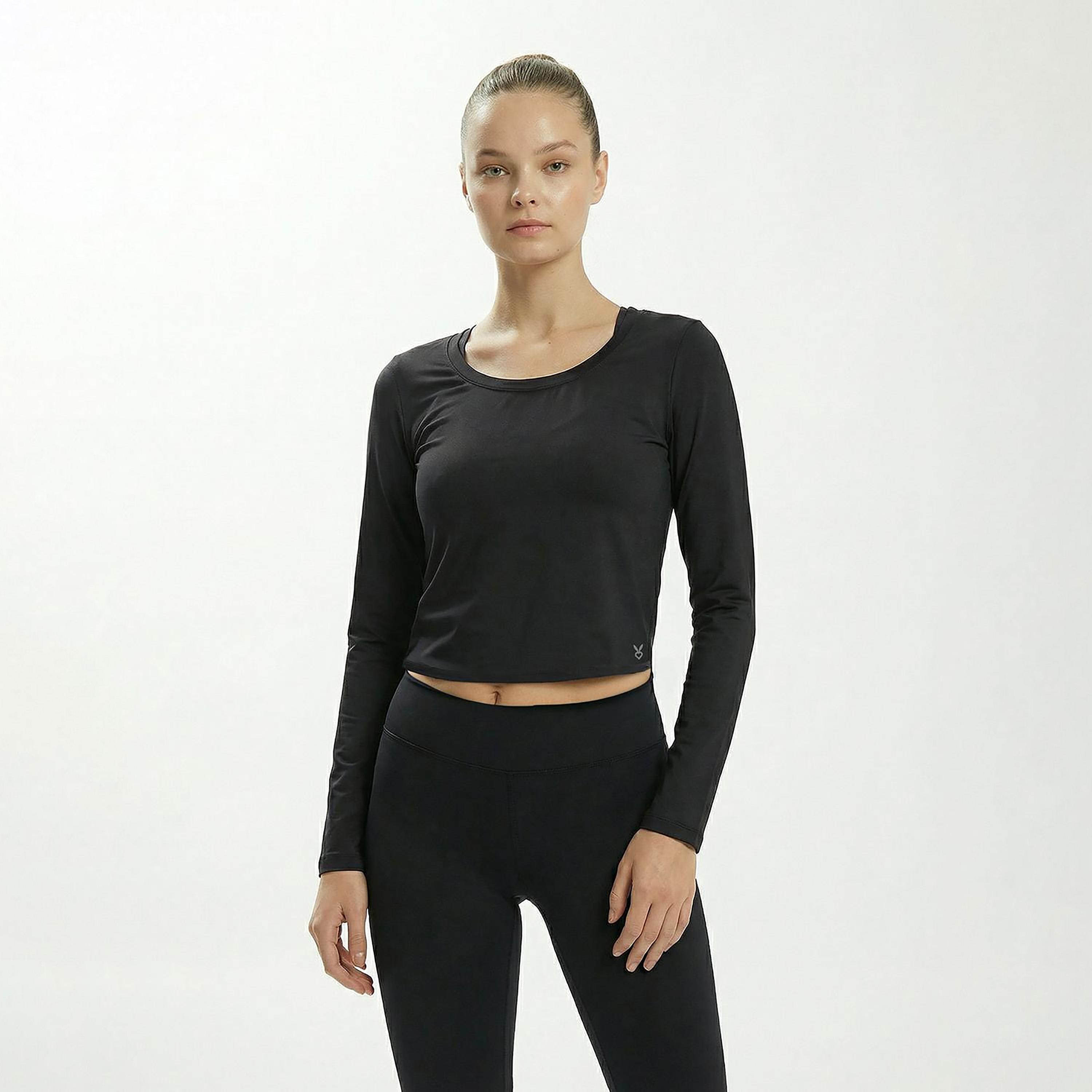 Cardio Bunny Plain Round Neck Long Sleeves Women's Crop T-Shirt-women-clothing-tshirts-image-1