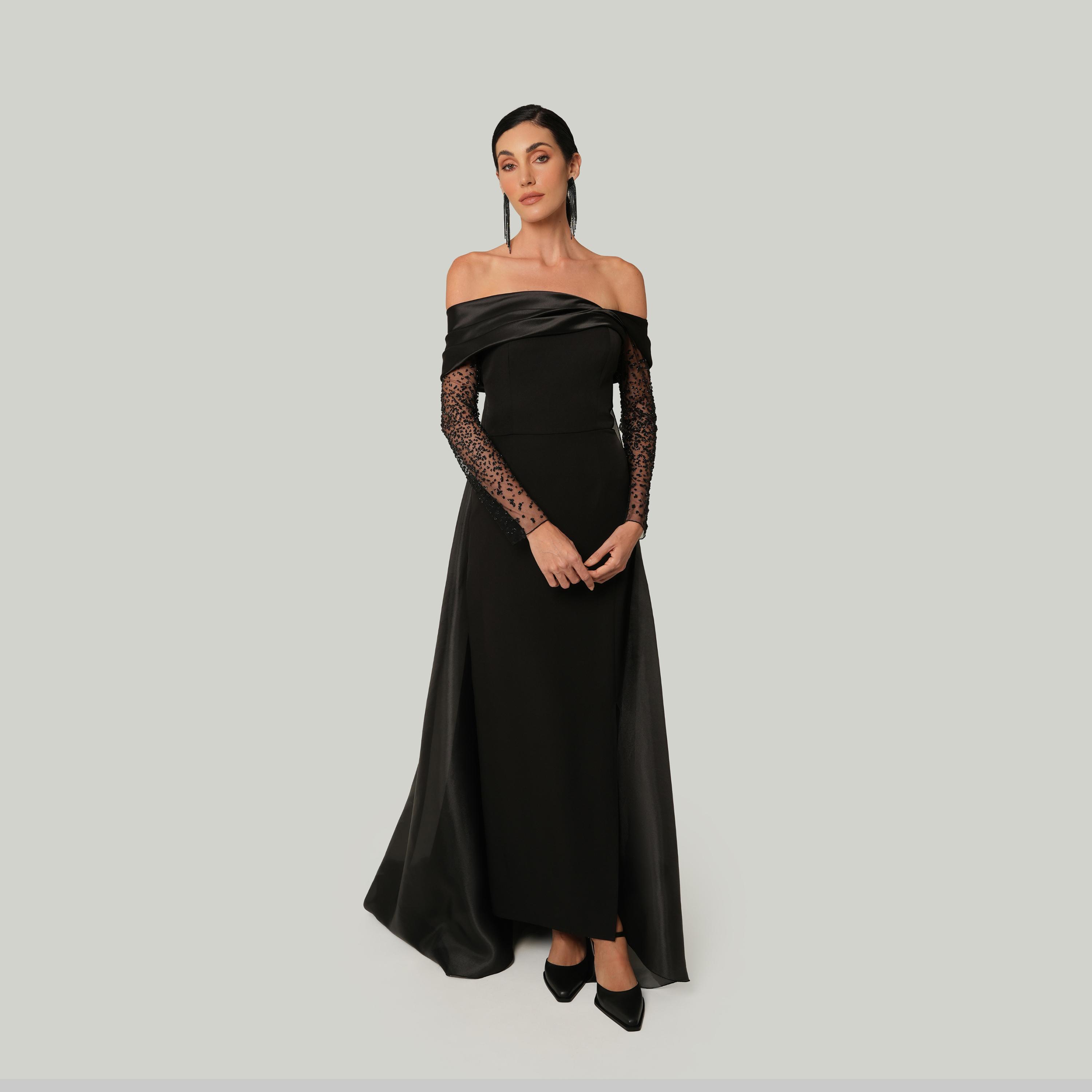 Chase Label Black Layali Crepe Off-Shoulder Beaded Sleeves Fit & Flared Women's Evening Maxi Dress-women-clothing-dresses-image-1