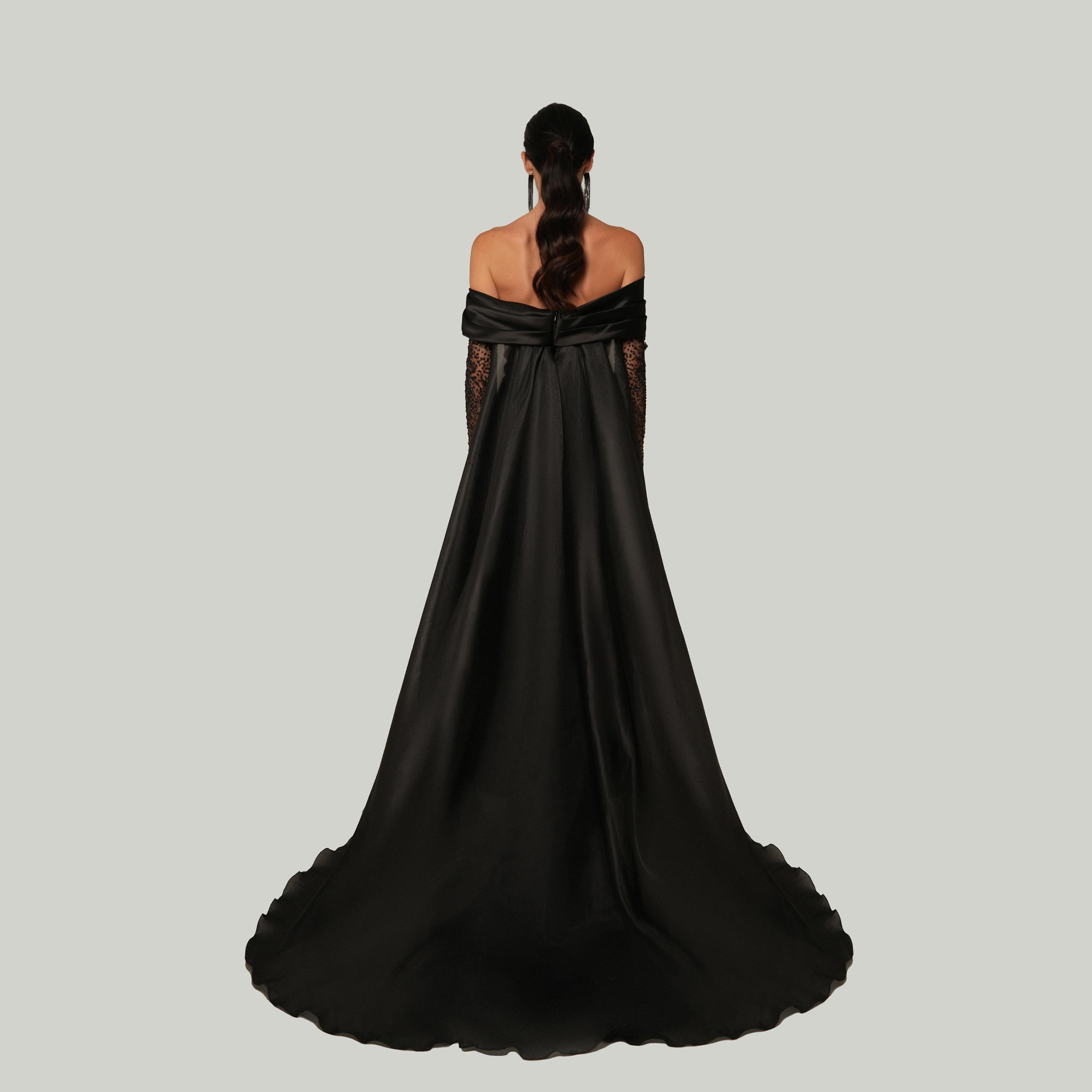 Chase Label Black Layali Crepe Off-Shoulder Beaded Sleeves Fit & Flared Women's Evening Maxi Dress-women-clothing-dresses-image-3
