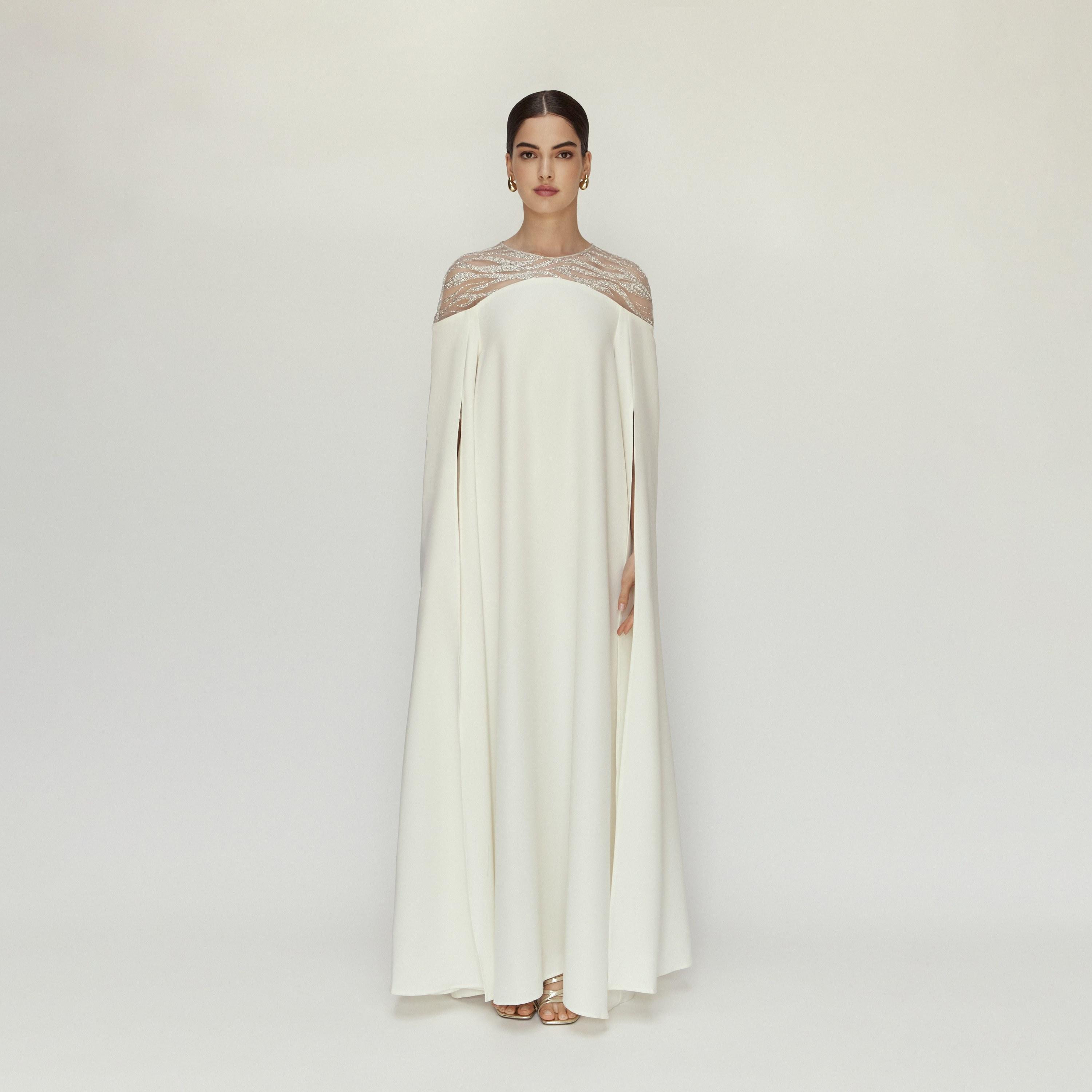 Chase Label White Grace Crepe & Mesh Cape Sleeves Women's Evening Maxi Dress-women-clothing-dresses-image-1