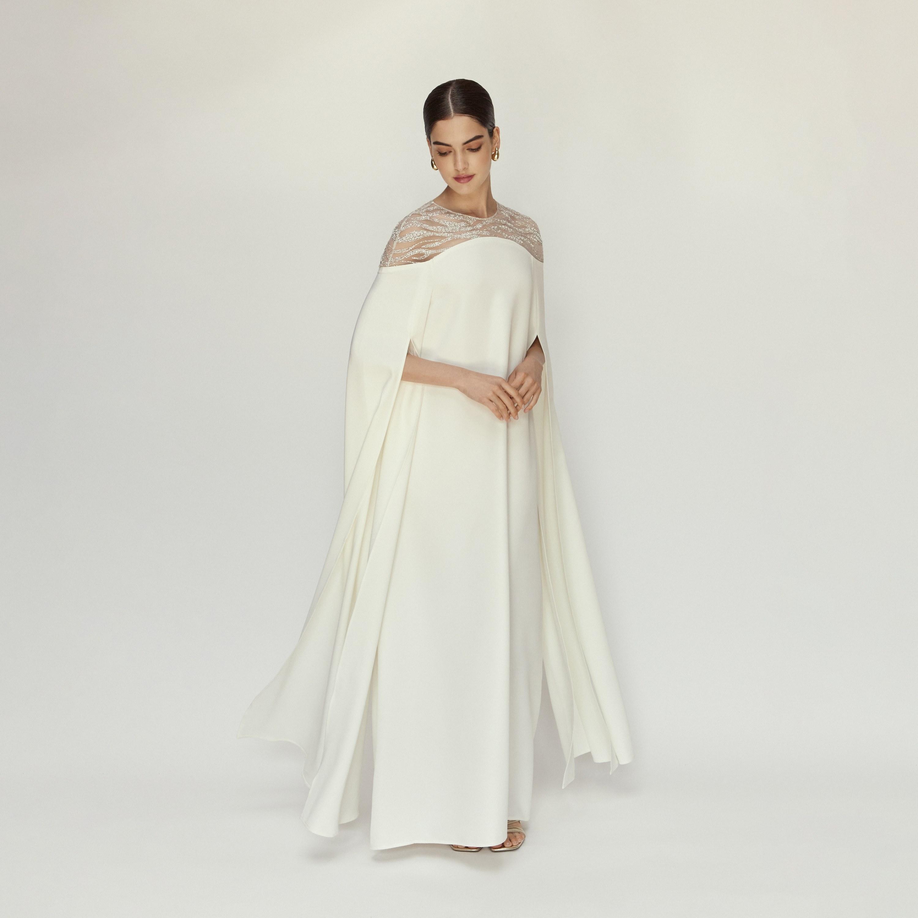 Chase Label White Grace Crepe & Mesh Cape Sleeves Women's Evening Maxi Dress-women-clothing-dresses-image-2