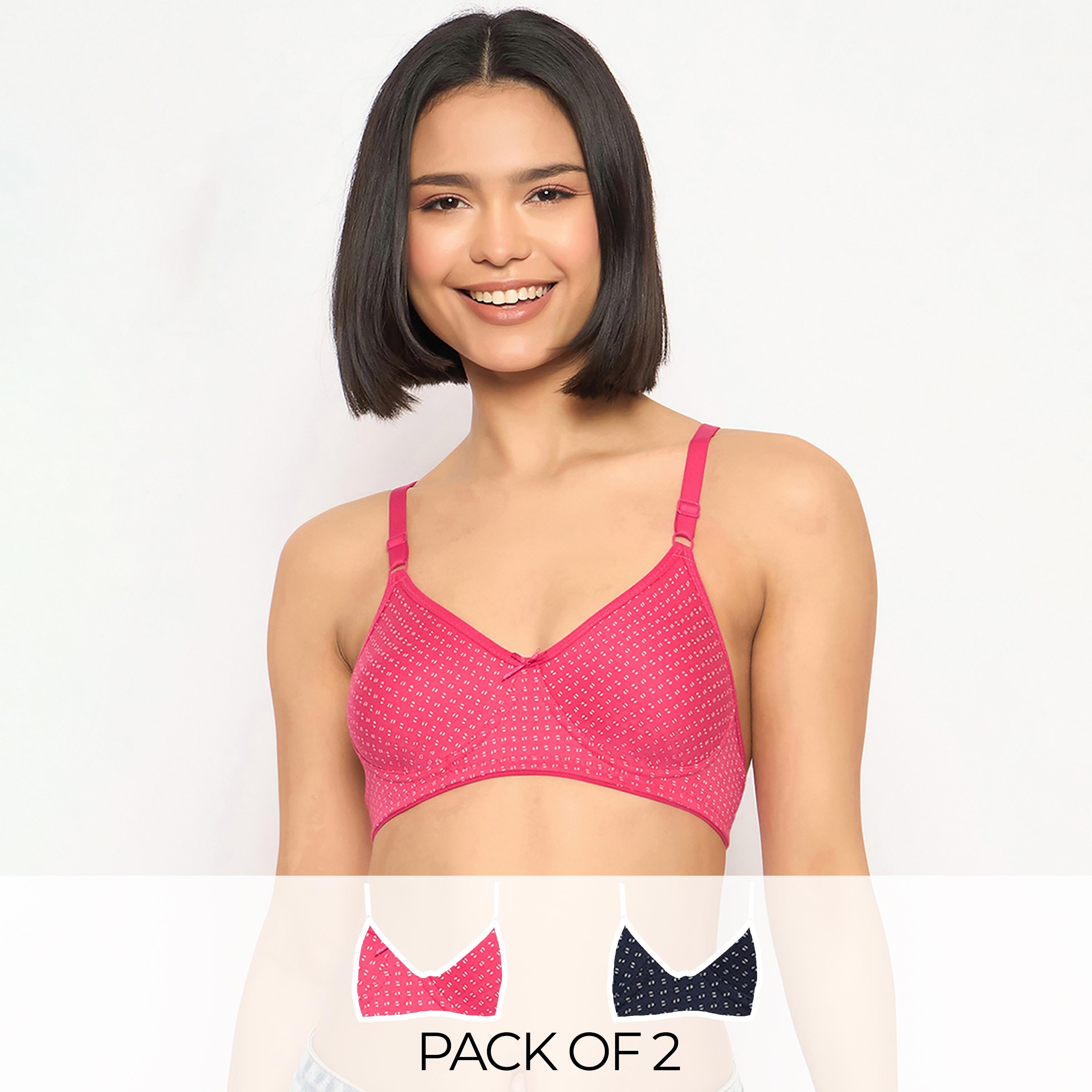 Clovia Pack of 2 Non-Padded Non-Wired Full Coverage Printed Women's T-Shirt Bra in Navy | Pink - Cotton Rich-women-clothing-lingerie-bras-image-1
