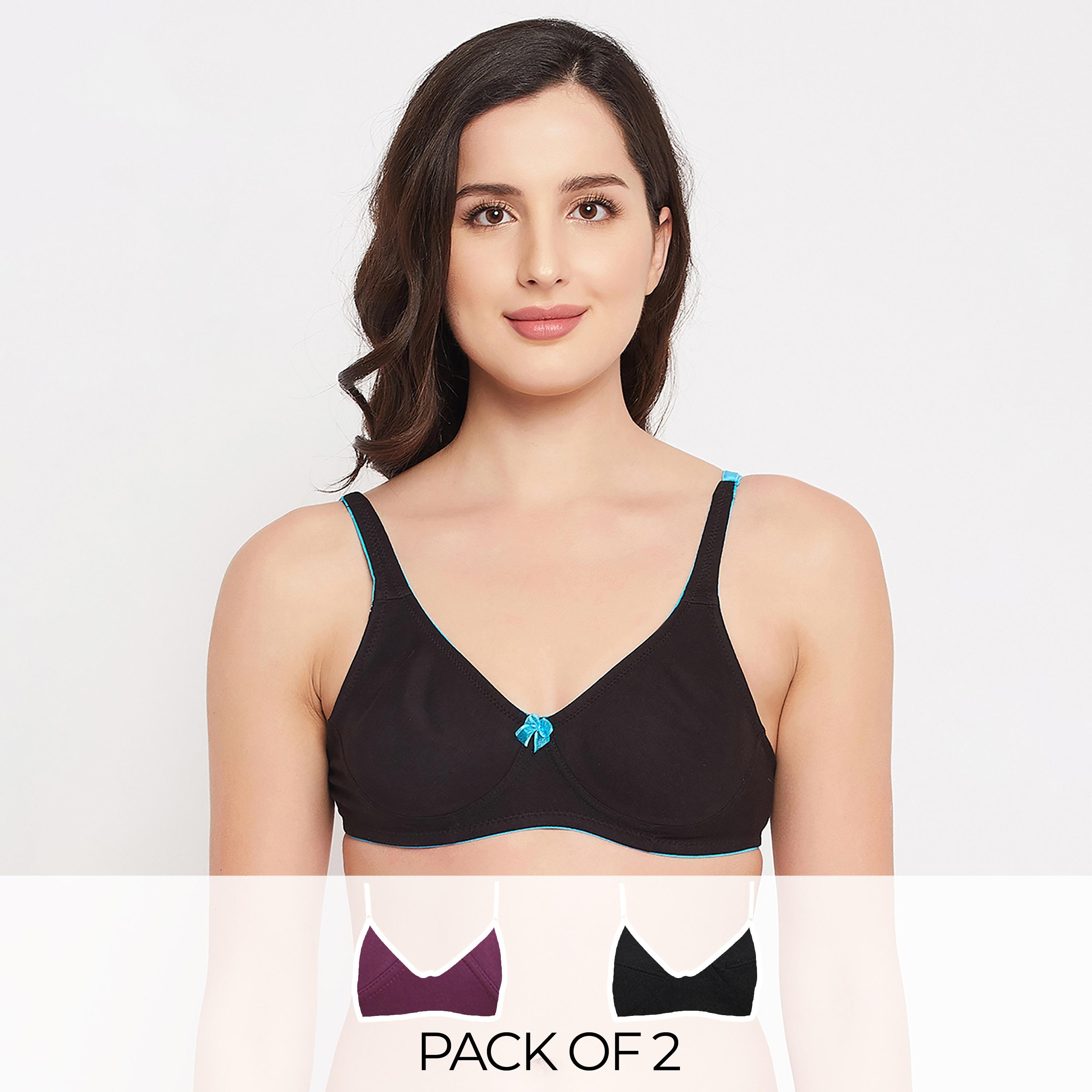 عبوة 2 حمالة صدر تي شيرت غير مبطنة، بدون سلك، بدمي كاب - أسود | أرجواني من كلوفيا-women-clothing-lingerie-bras-image-1