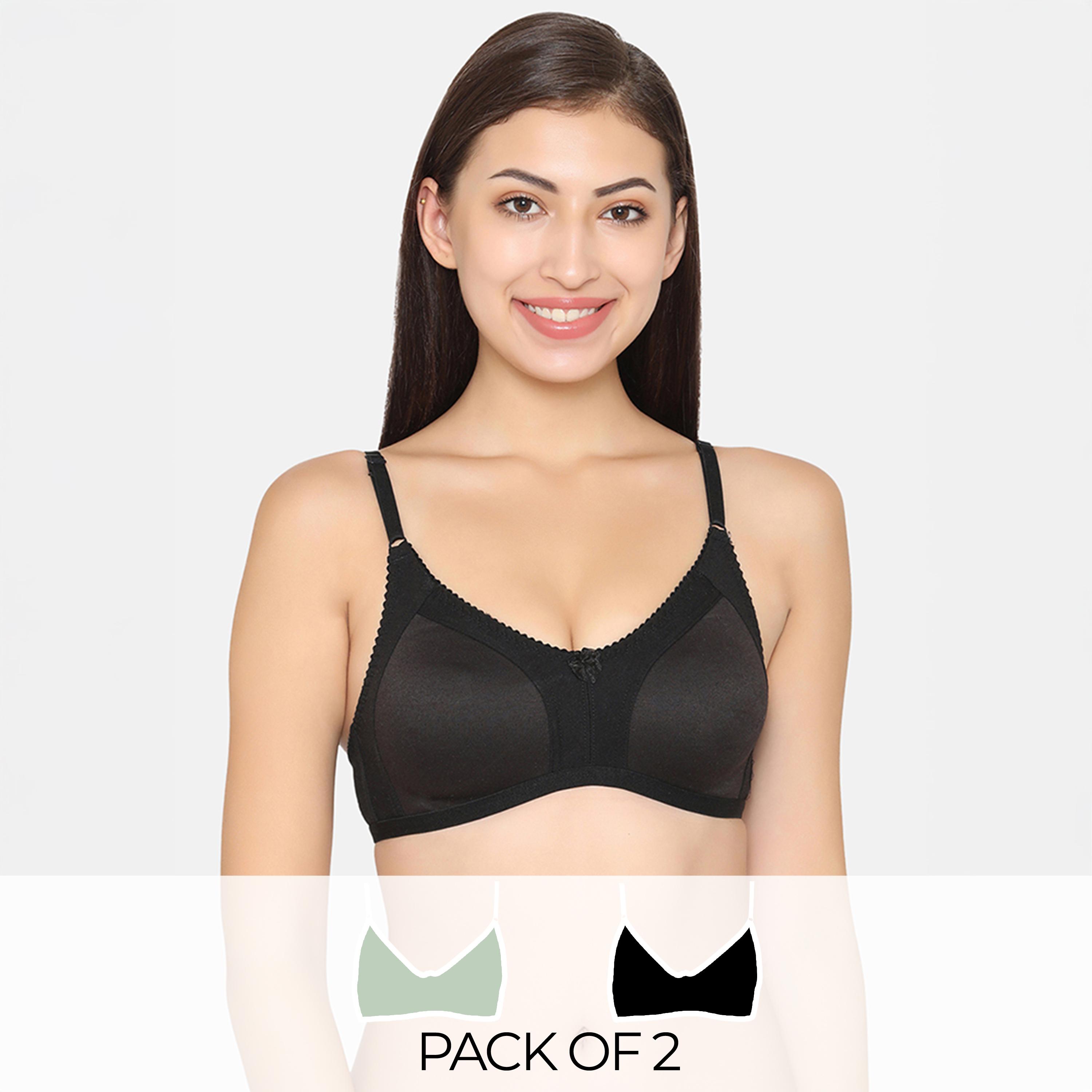 Clovia Pack of 2 Non-Padded Non-Wired Full Coverage Women's Spacer Cup Bra in Sage Green | Black - Cotton-women-clothing-lingerie-bras-image-1