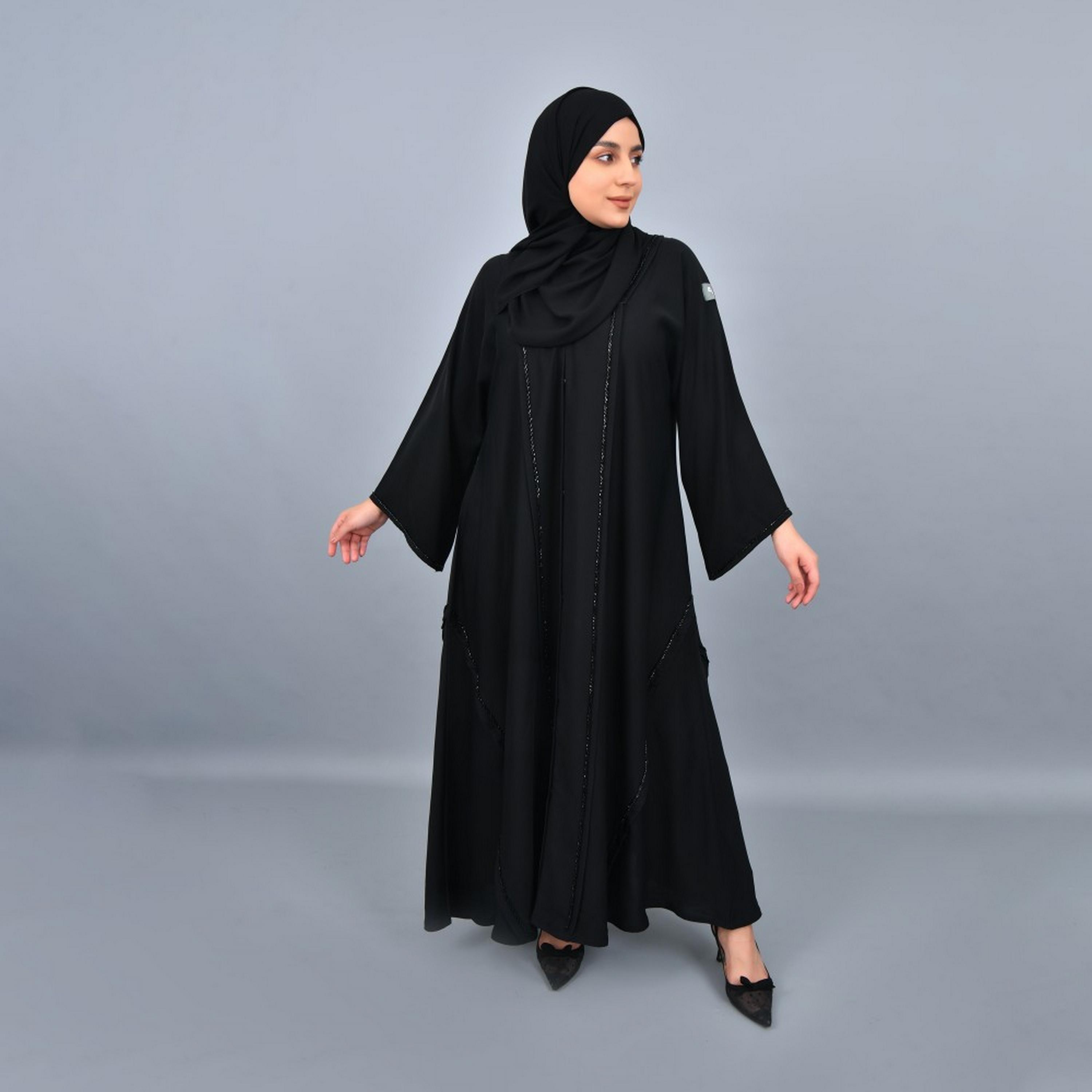 Lamha Black Beaded Cuff Sleeves Crepe Women Abaya with Hijab-women-arabicclothing-abayas-image-1