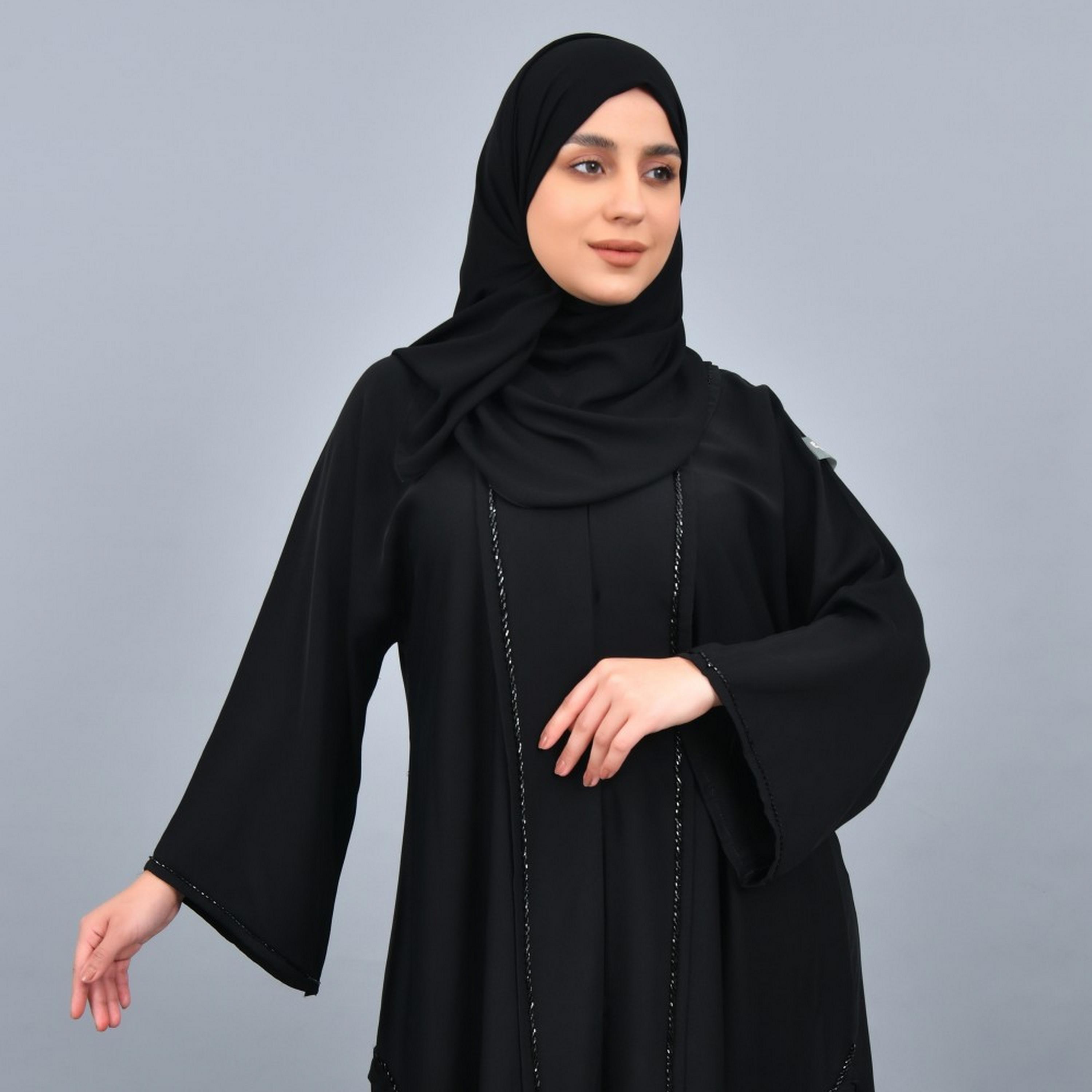 Lamha Black Beaded Cuff Sleeves Crepe Women Abaya with Hijab-women-arabicclothing-abayas-image-2
