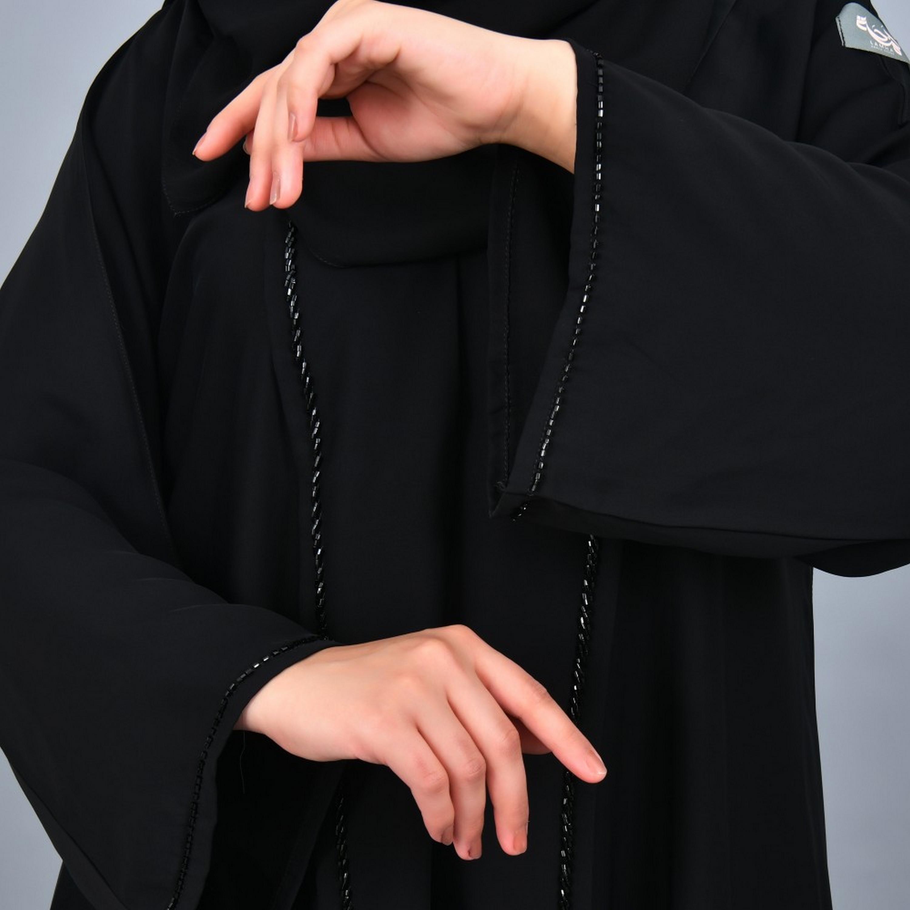 Lamha Black Beaded Cuff Sleeves Crepe Women Abaya with Hijab-women-arabicclothing-abayas-image-3