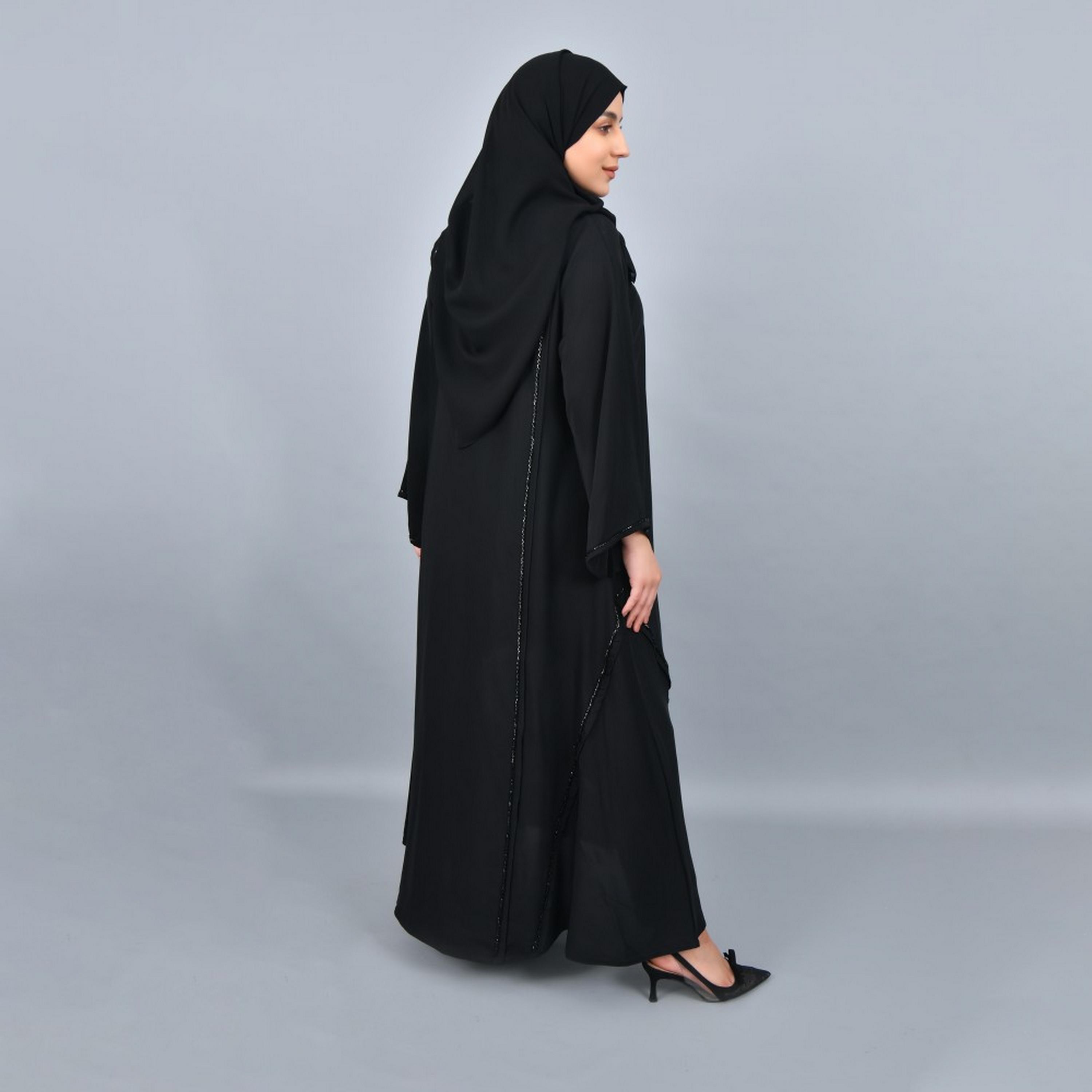 Lamha Black Beaded Cuff Sleeves Crepe Women Abaya with Hijab-women-arabicclothing-abayas-image-4