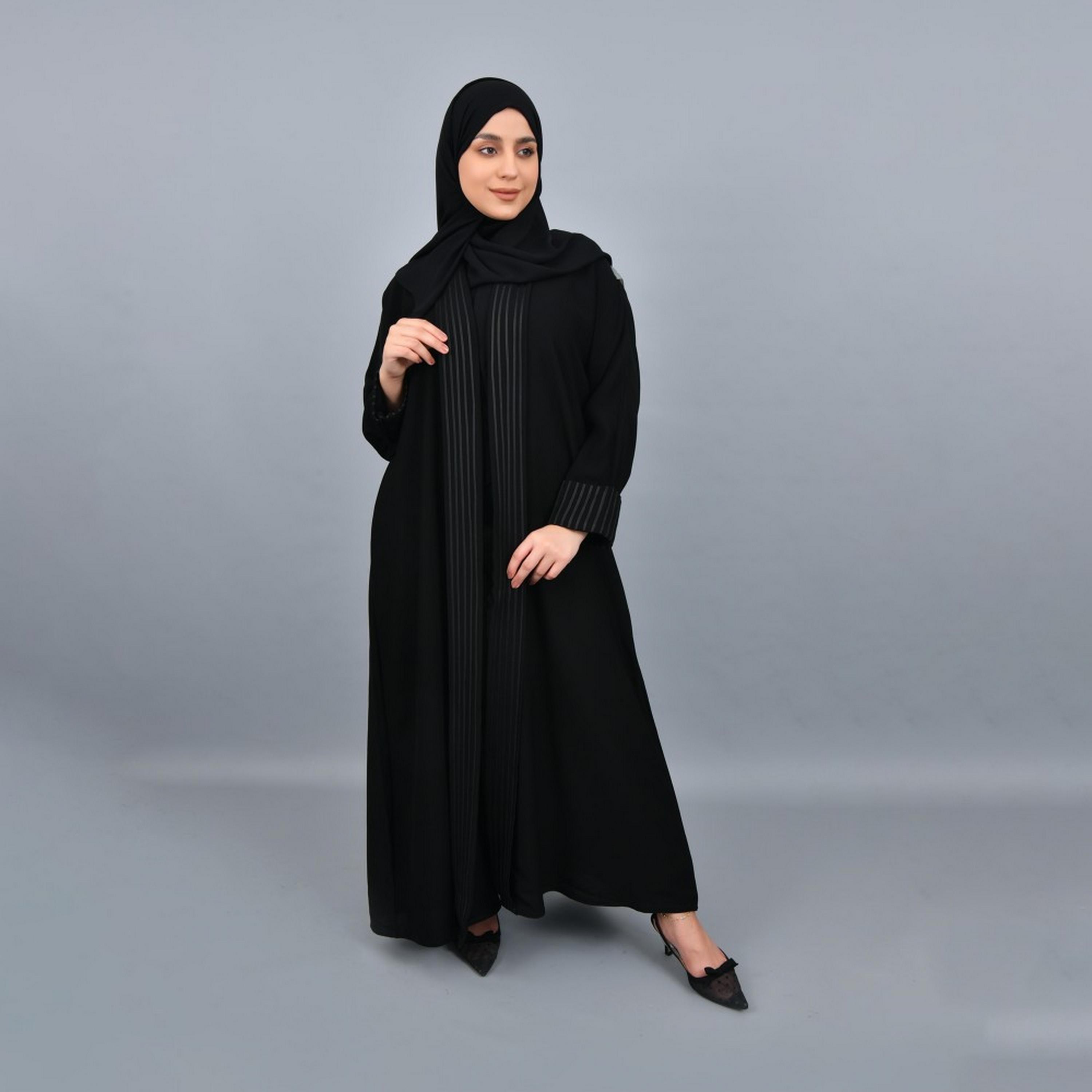 Lamha Black Cuff Sleeves Crepe Women Abaya with Hijab-women-arabicclothing-abayas-image-1