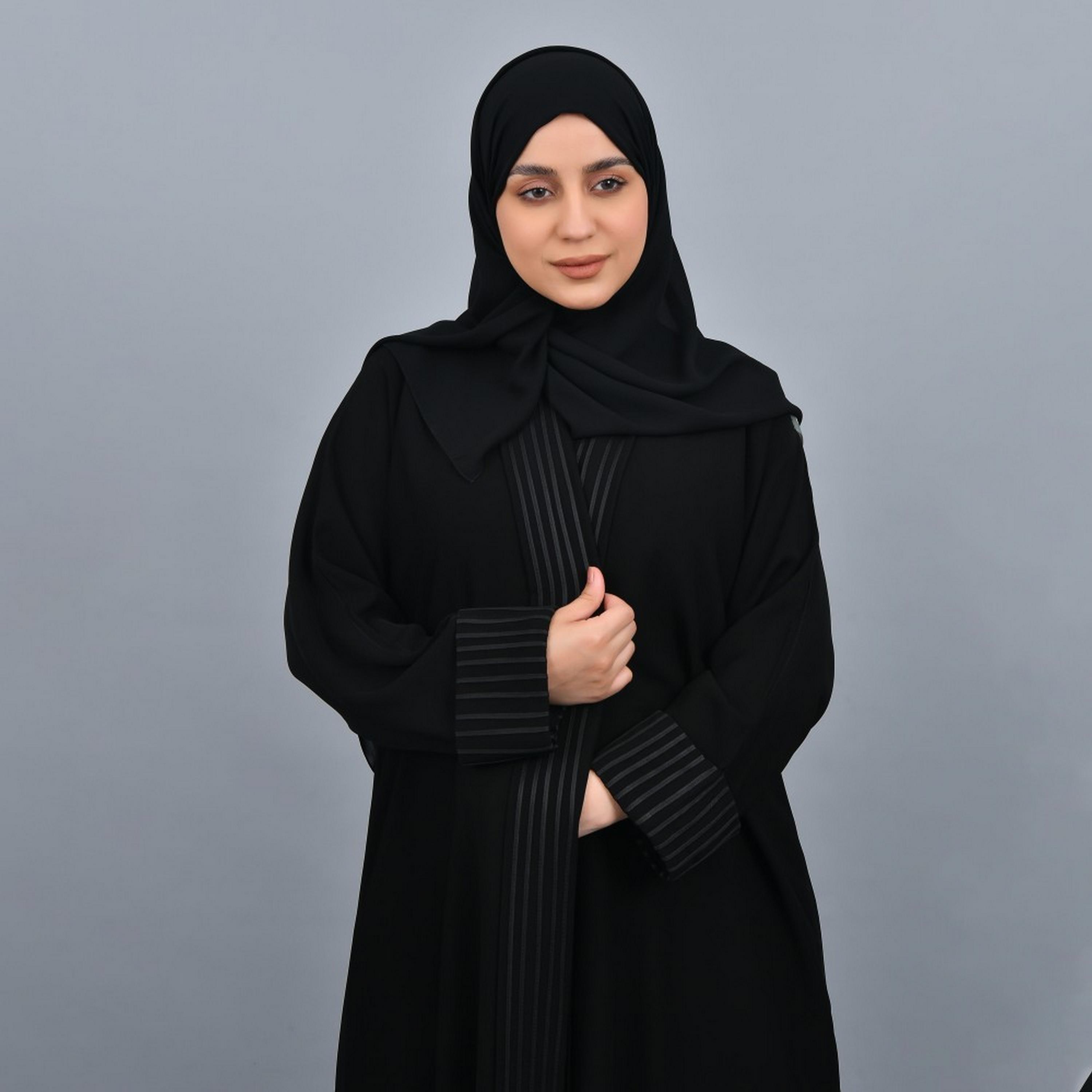 Lamha Black Cuff Sleeves Crepe Women Abaya with Hijab-women-arabicclothing-abayas-image-2