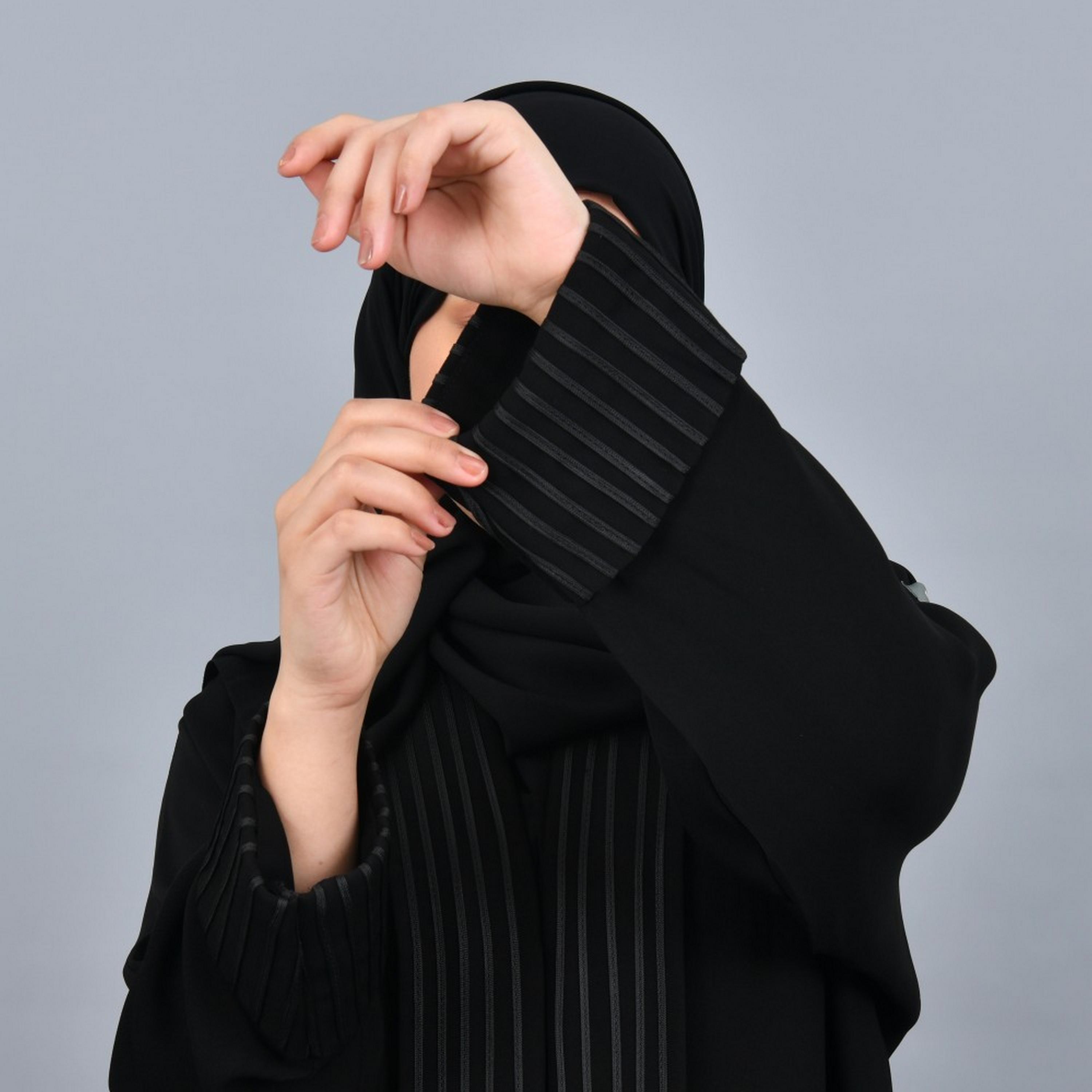 Lamha Black Cuff Sleeves Crepe Women Abaya with Hijab-women-arabicclothing-abayas-image-3