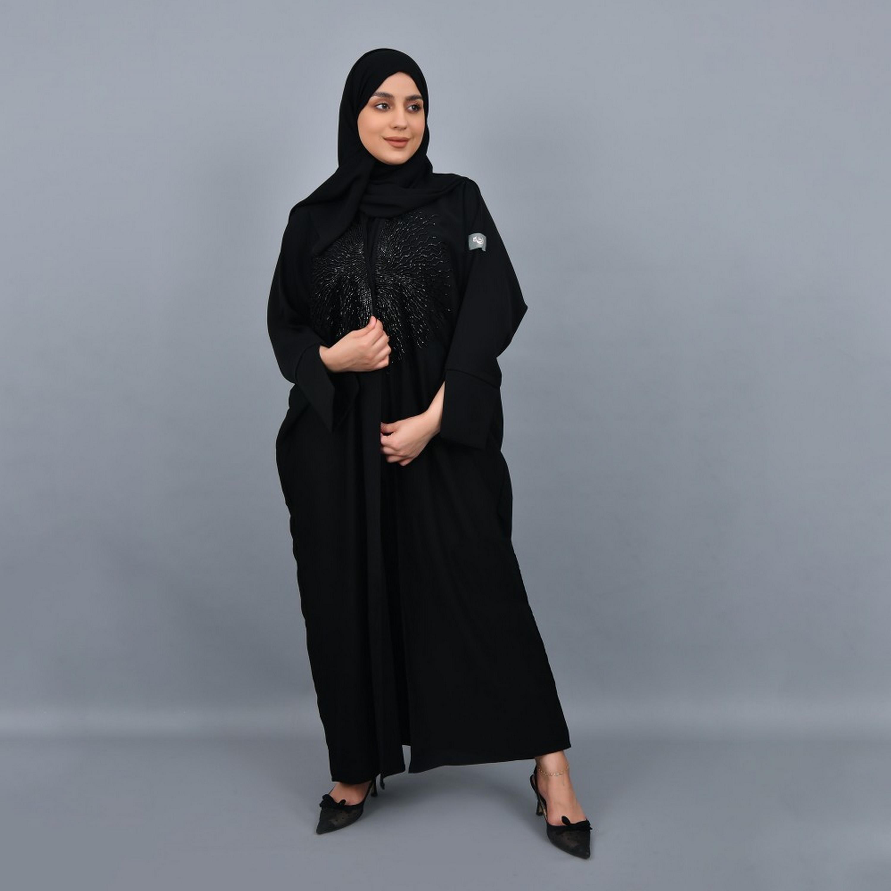 Lamha Black Beaded Slit Sleeves Crepe Women Abaya with Hijab-women-arabicclothing-abayas-image-1