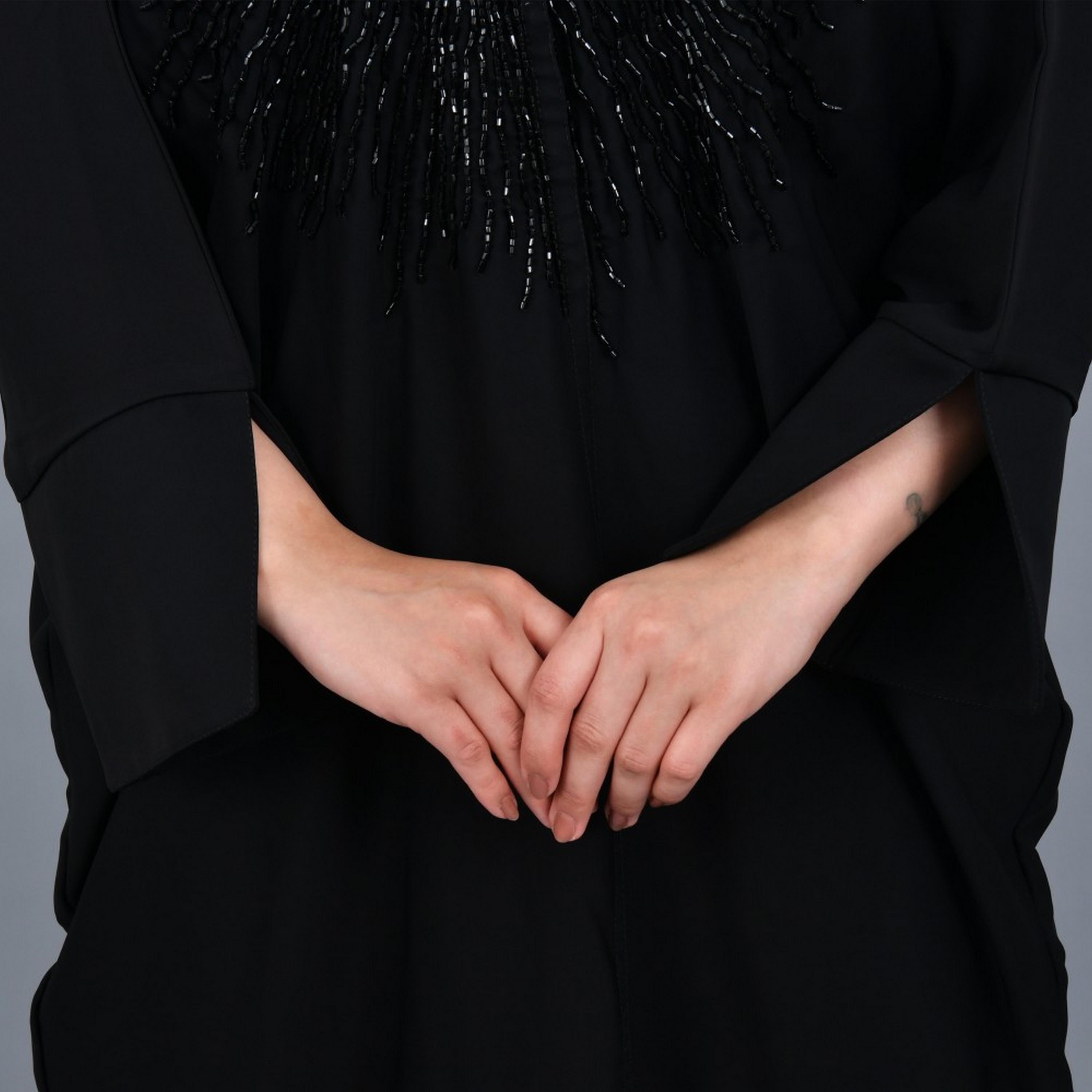 Lamha Black Beaded Slit Sleeves Crepe Women Abaya with Hijab-women-arabicclothing-abayas-image-2