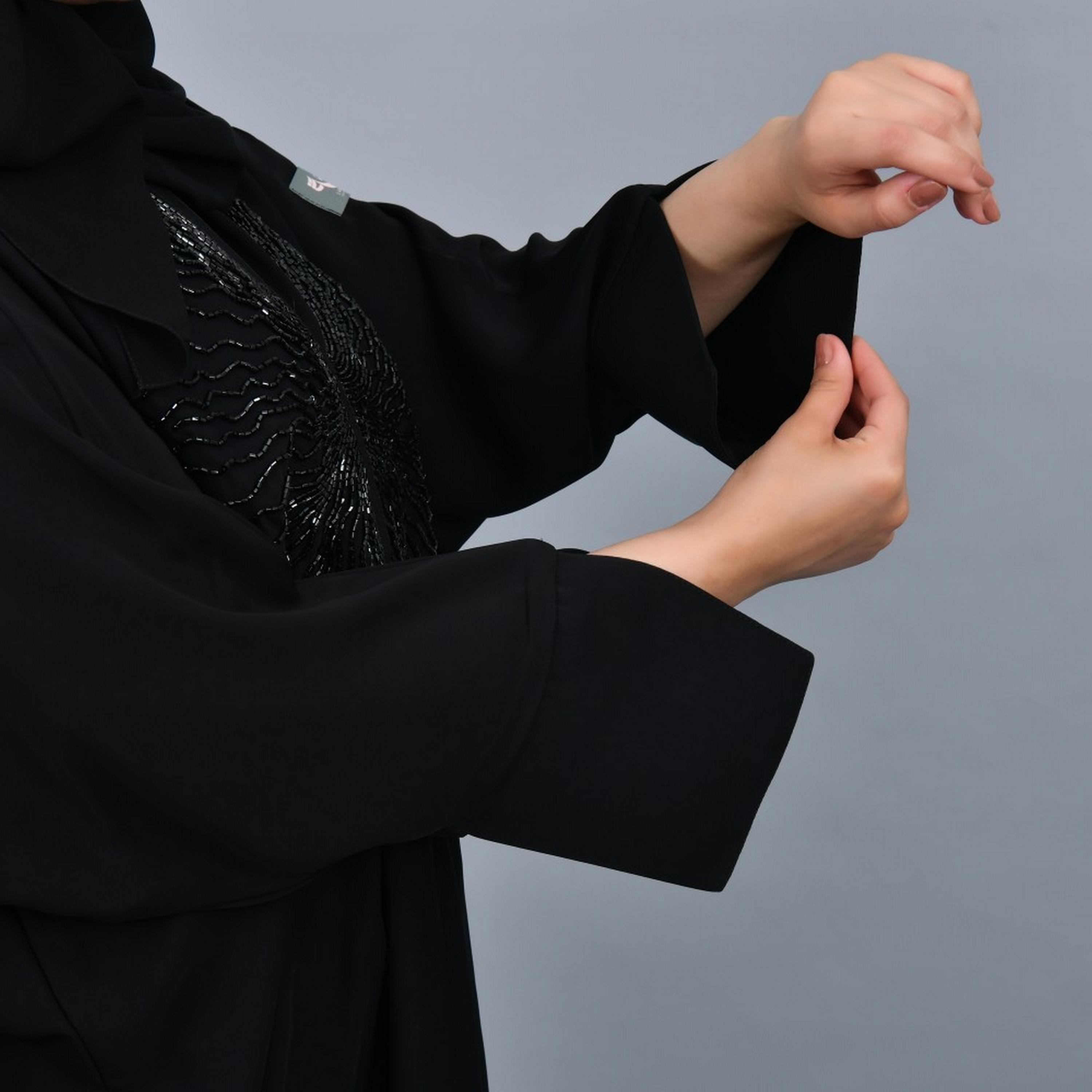 Lamha Black Beaded Slit Sleeves Crepe Women Abaya with Hijab-women-arabicclothing-abayas-image-3