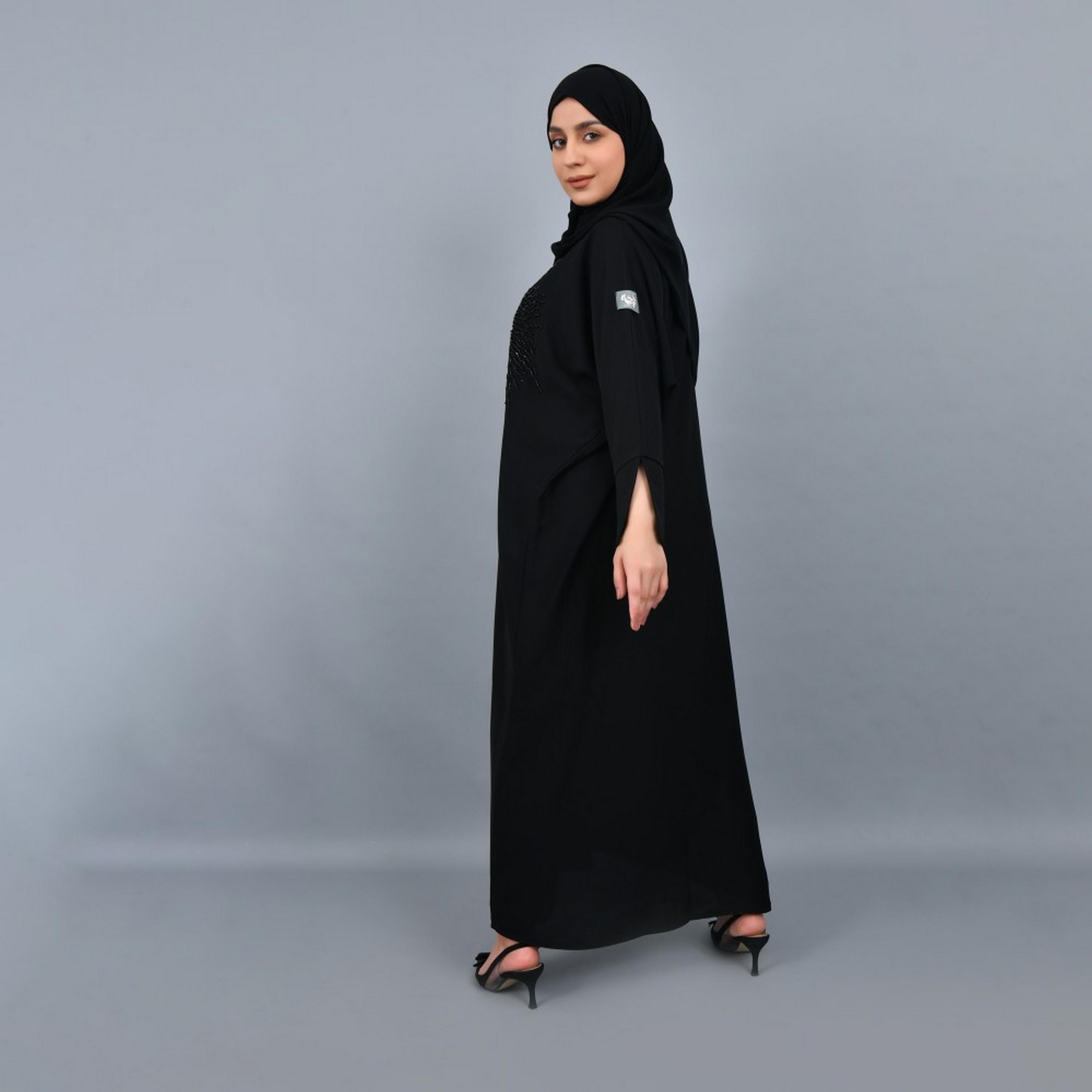 Lamha Black Beaded Slit Sleeves Crepe Women Abaya with Hijab-women-arabicclothing-abayas-image-4