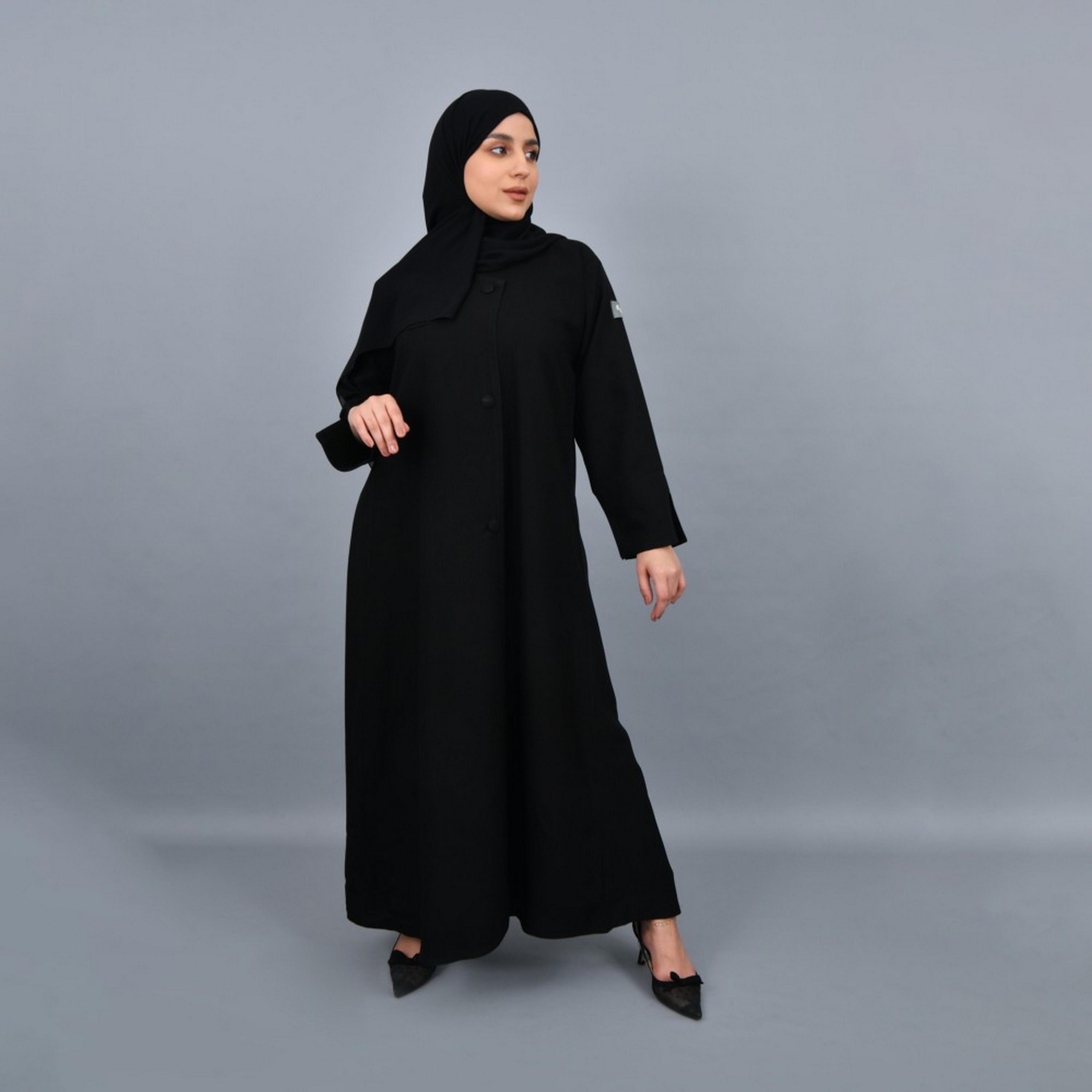 Lamha Black Slit Sleeves Crepe Women Abaya with Hijab-women-arabicclothing-abayas-image-1