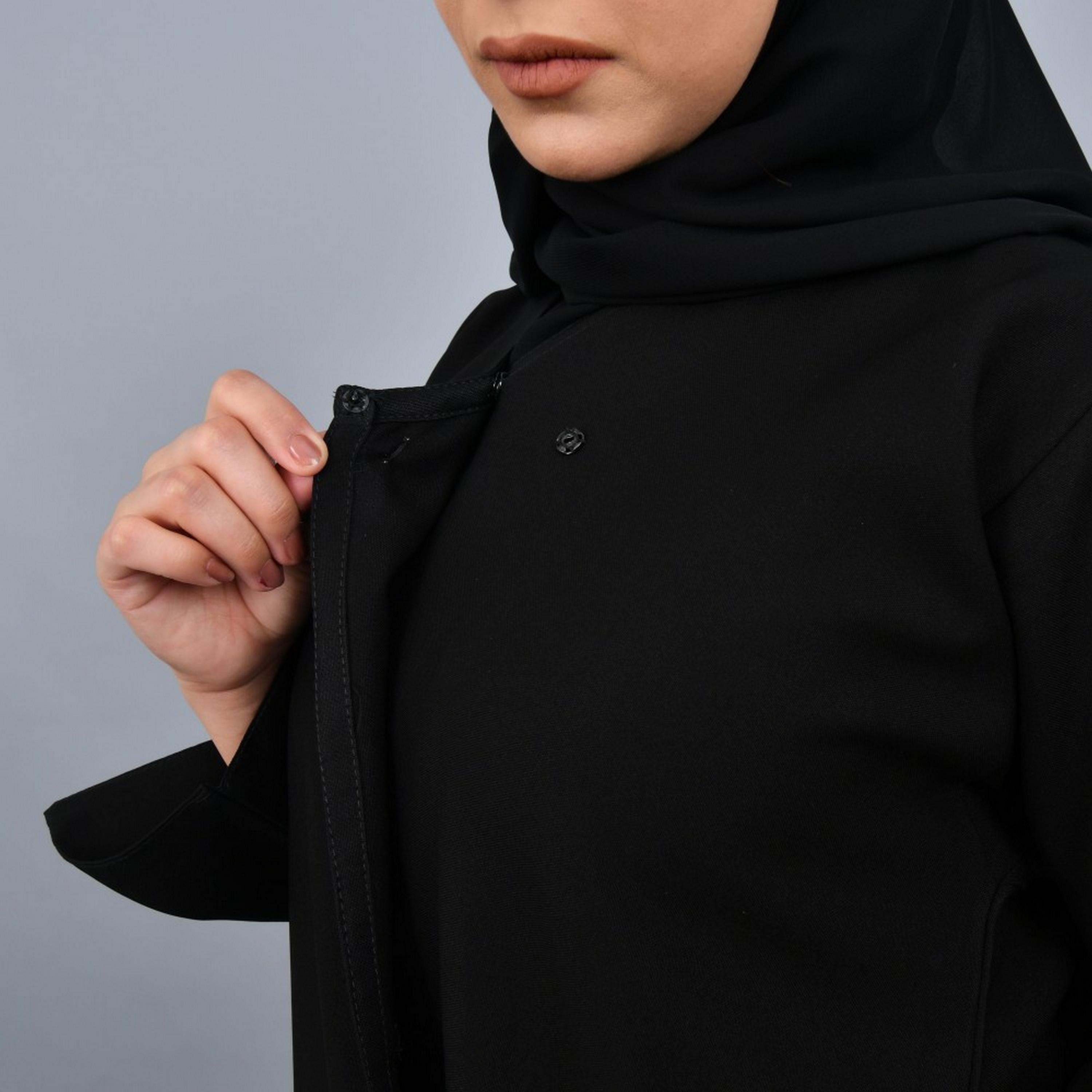 Lamha Black Slit Sleeves Crepe Women Abaya with Hijab-women-arabicclothing-abayas-image-2