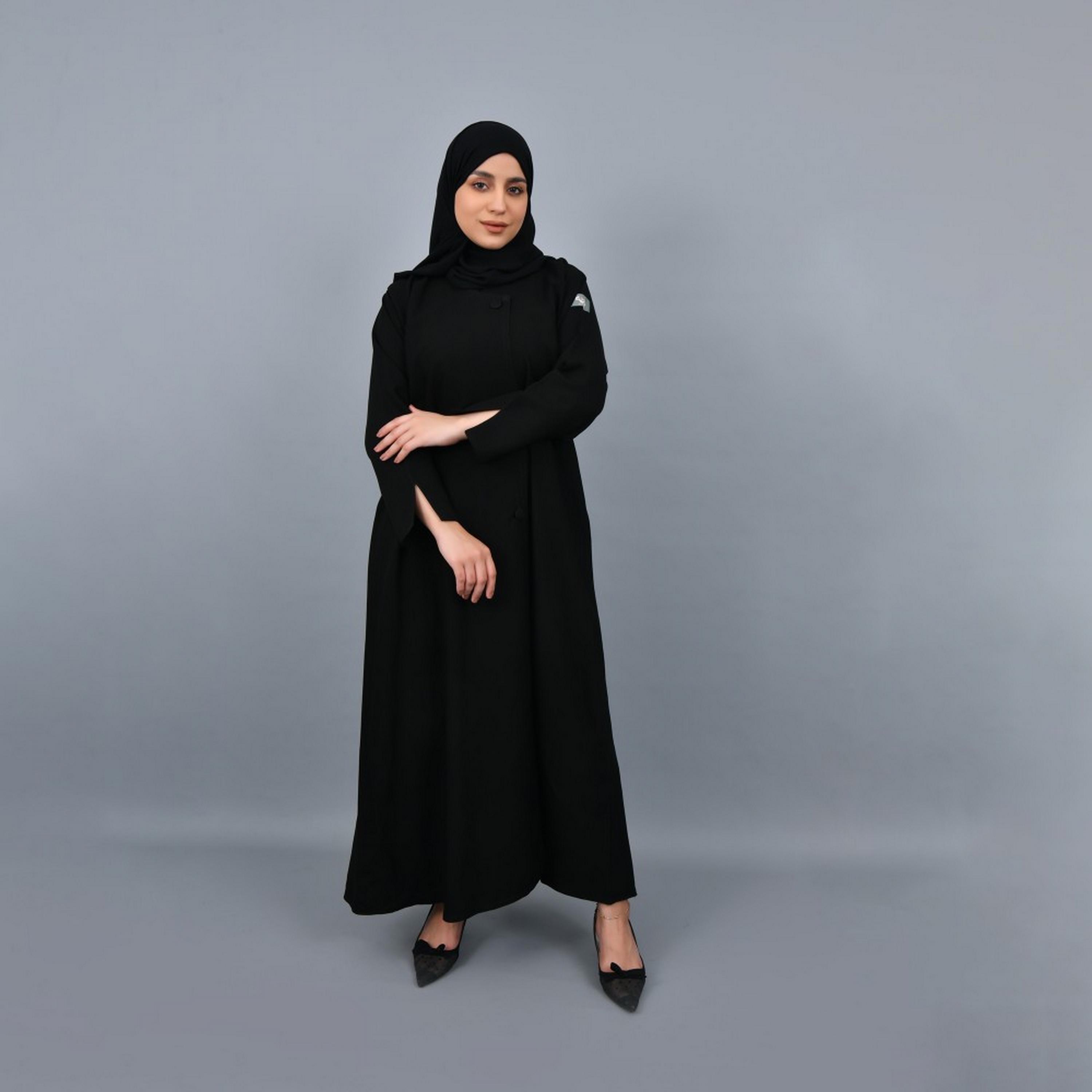 Lamha Black Slit Sleeves Crepe Women Abaya with Hijab-women-arabicclothing-abayas-image-4