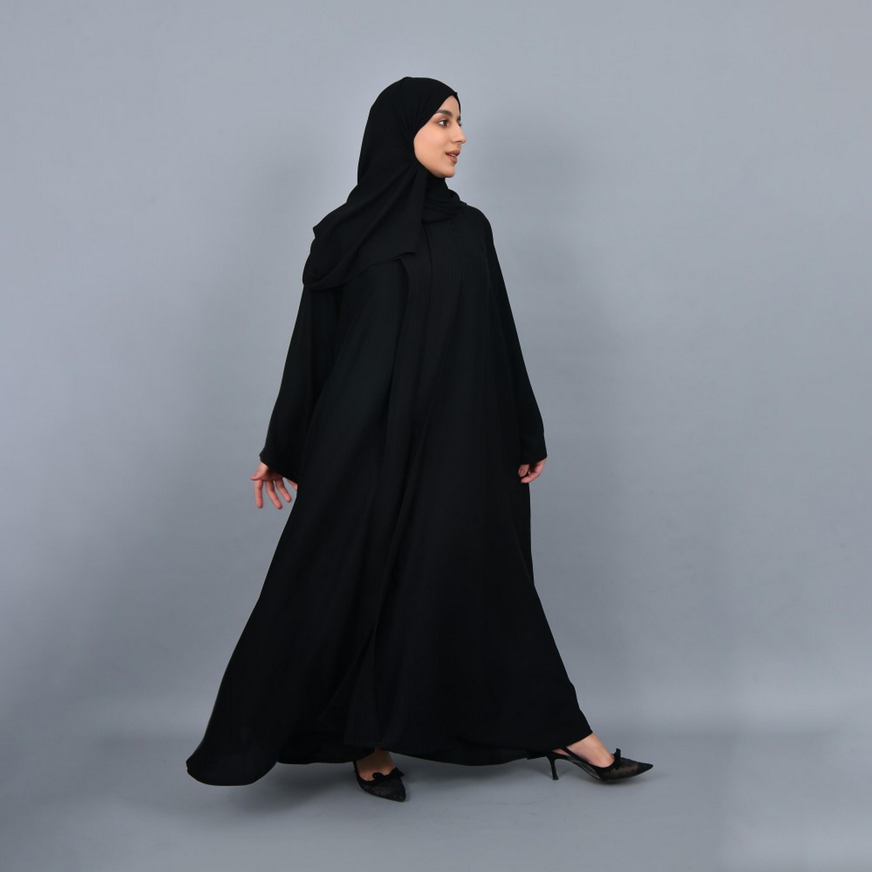 Lamha Black Flare Sleeves Crepe Women Abaya with Hijab-women-arabicclothing-prayerclothing-image-1