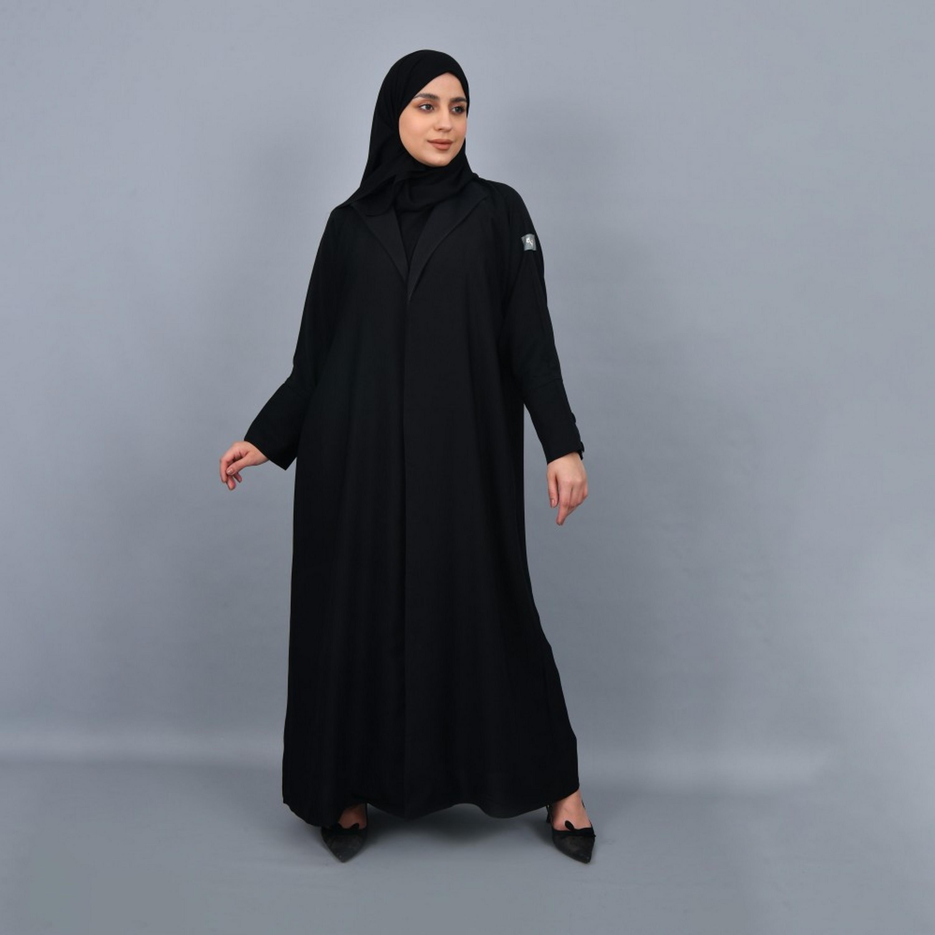 Lamha Black Buttoned Cuff Sleeves Crepe Women Abaya with Hijab-women-arabicclothing-abayas-image-1