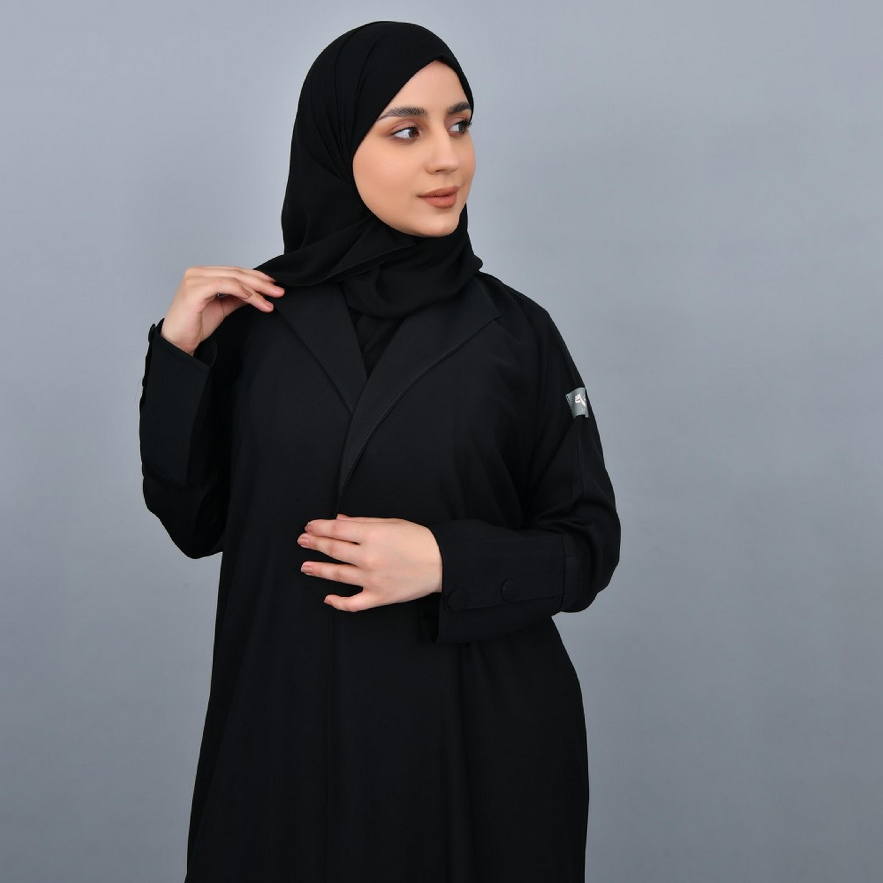 Lamha Black Buttoned Cuff Sleeves Crepe Women Abaya with Hijab-women-arabicclothing-abayas-image-2
