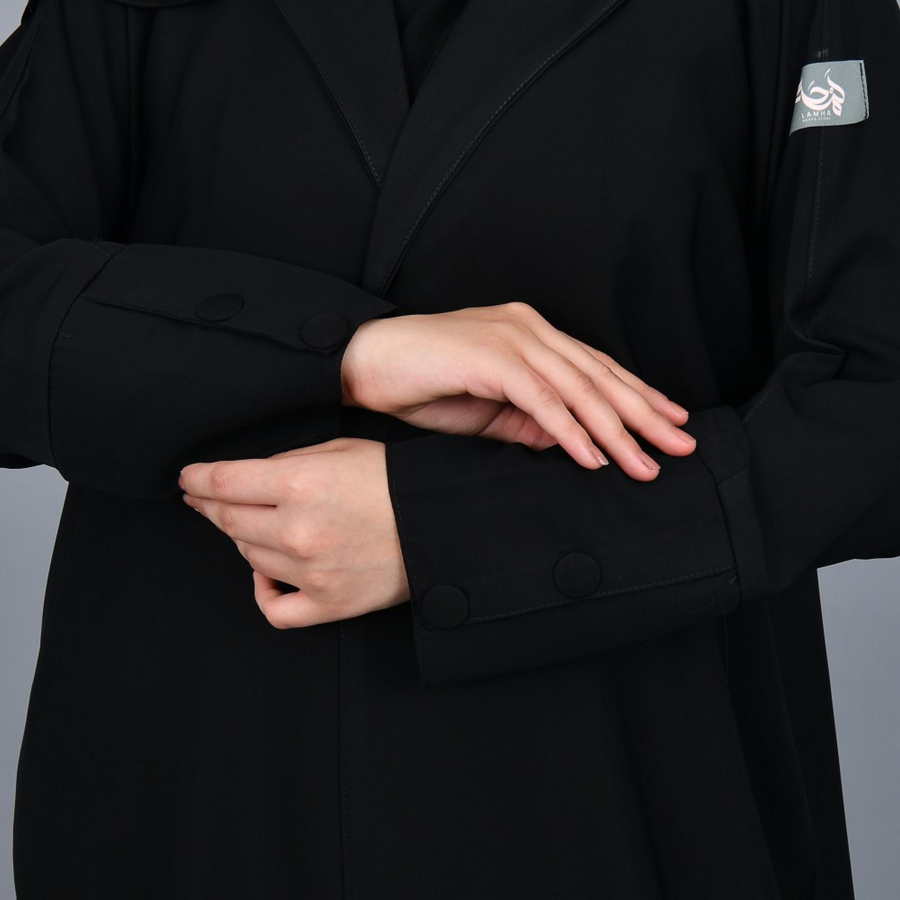 Lamha Black Buttoned Cuff Sleeves Crepe Women Abaya with Hijab-women-arabicclothing-abayas-image-3