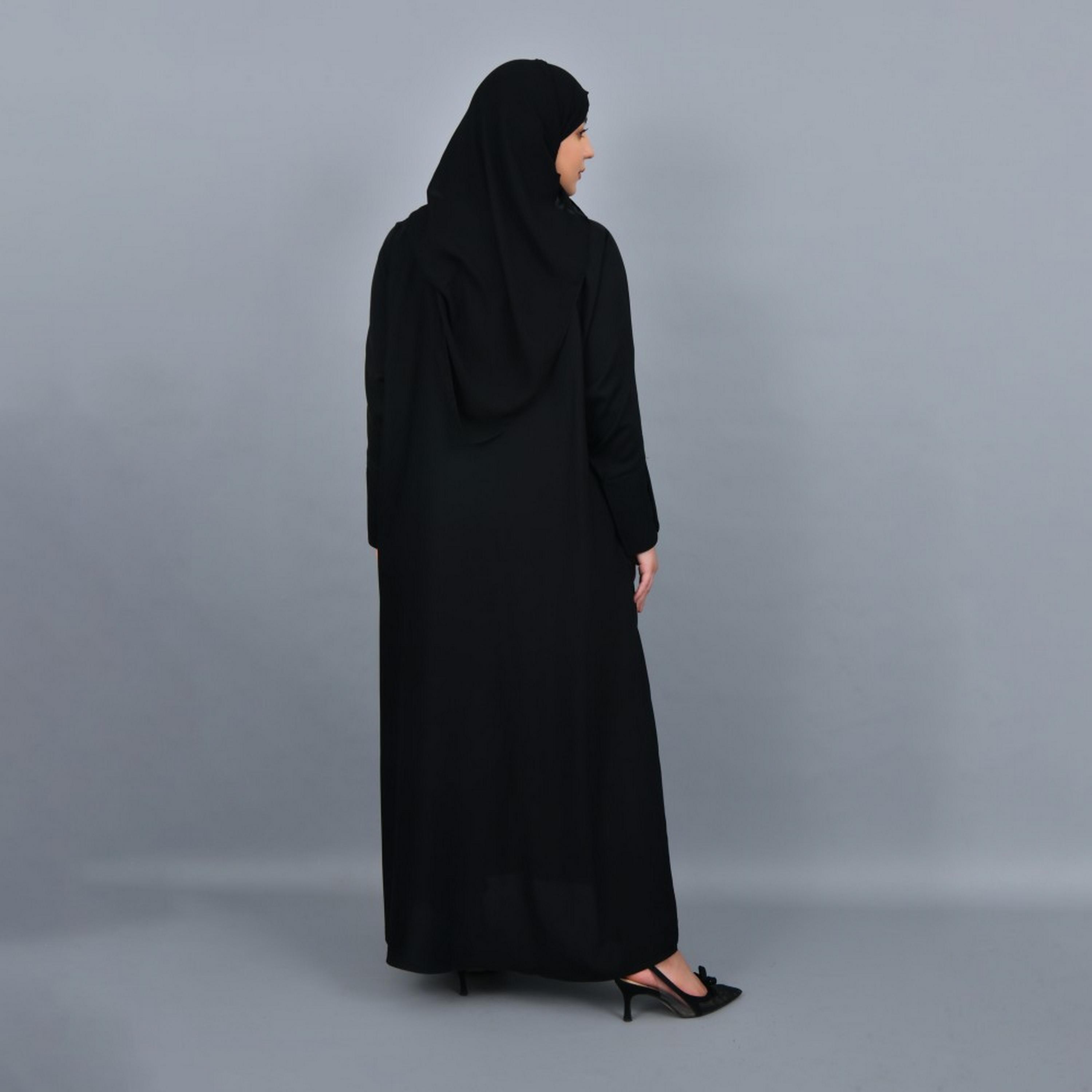 Lamha Black Buttoned Cuff Sleeves Crepe Women Abaya with Hijab-women-arabicclothing-abayas-image-5