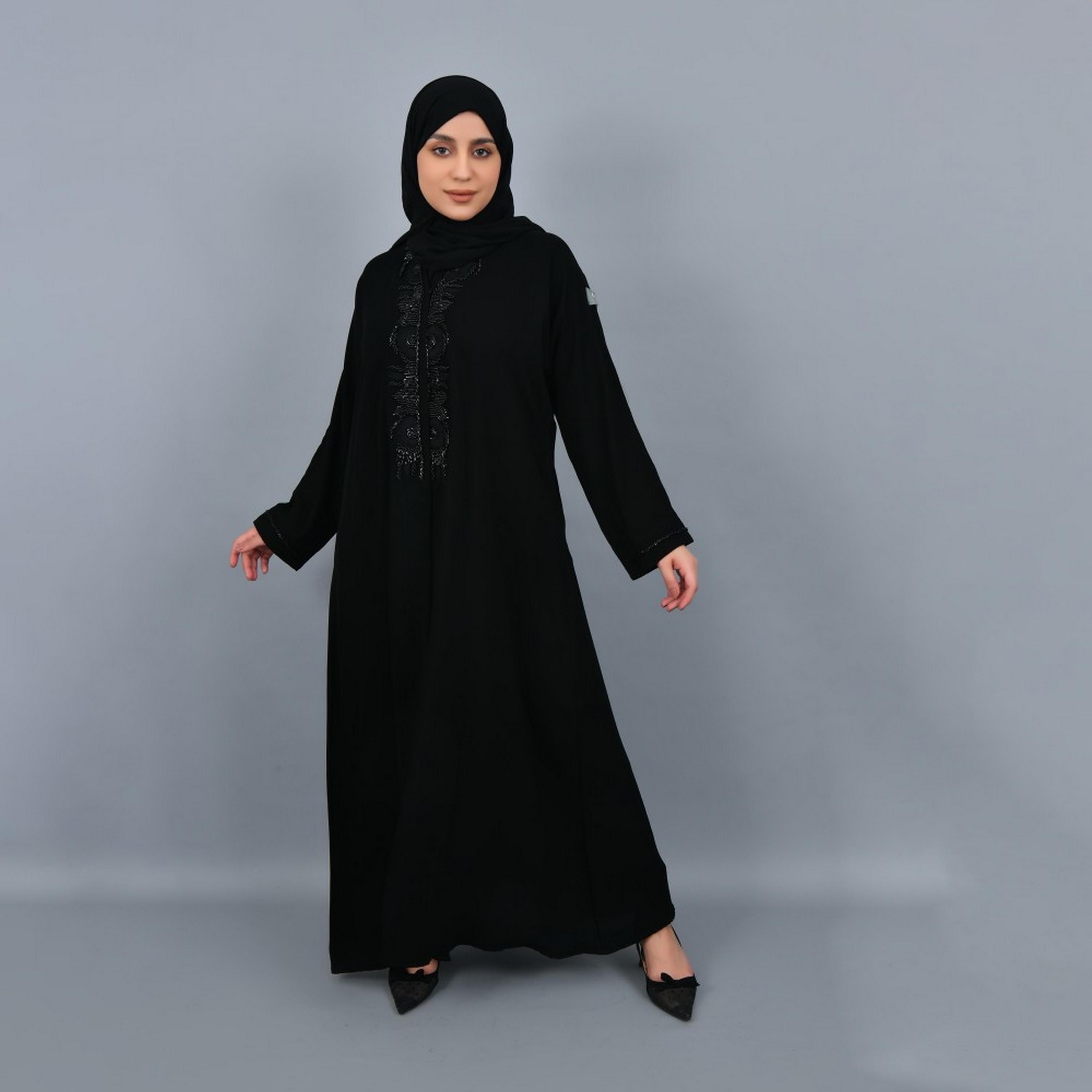 Lamha Black Beaded Crepe Women Abaya with Hijab-women-arabicclothing-abayas-image-1